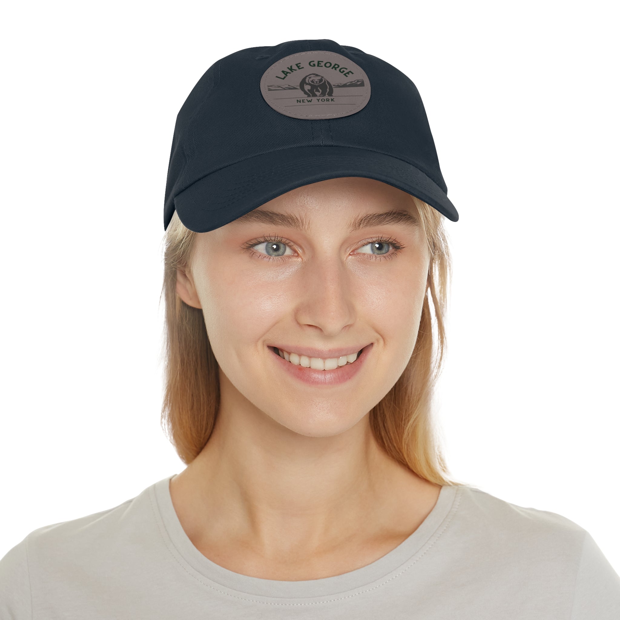 Lake George Round Leather Patch Dad Hat - Bear on Ice Design