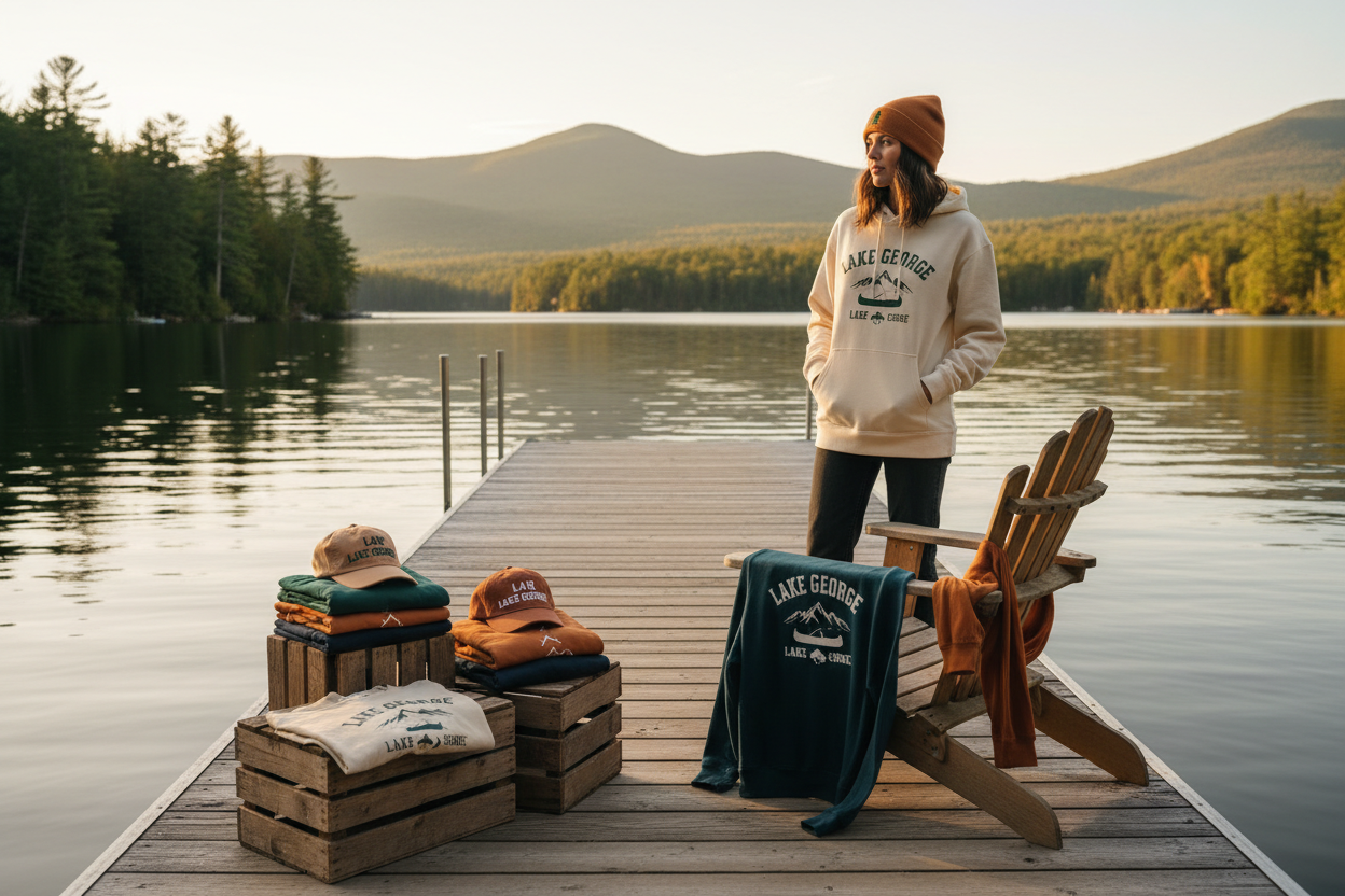 Lake George clothing collection featuring t-shirts, hoodies, jackets and hats with Adirondack designs