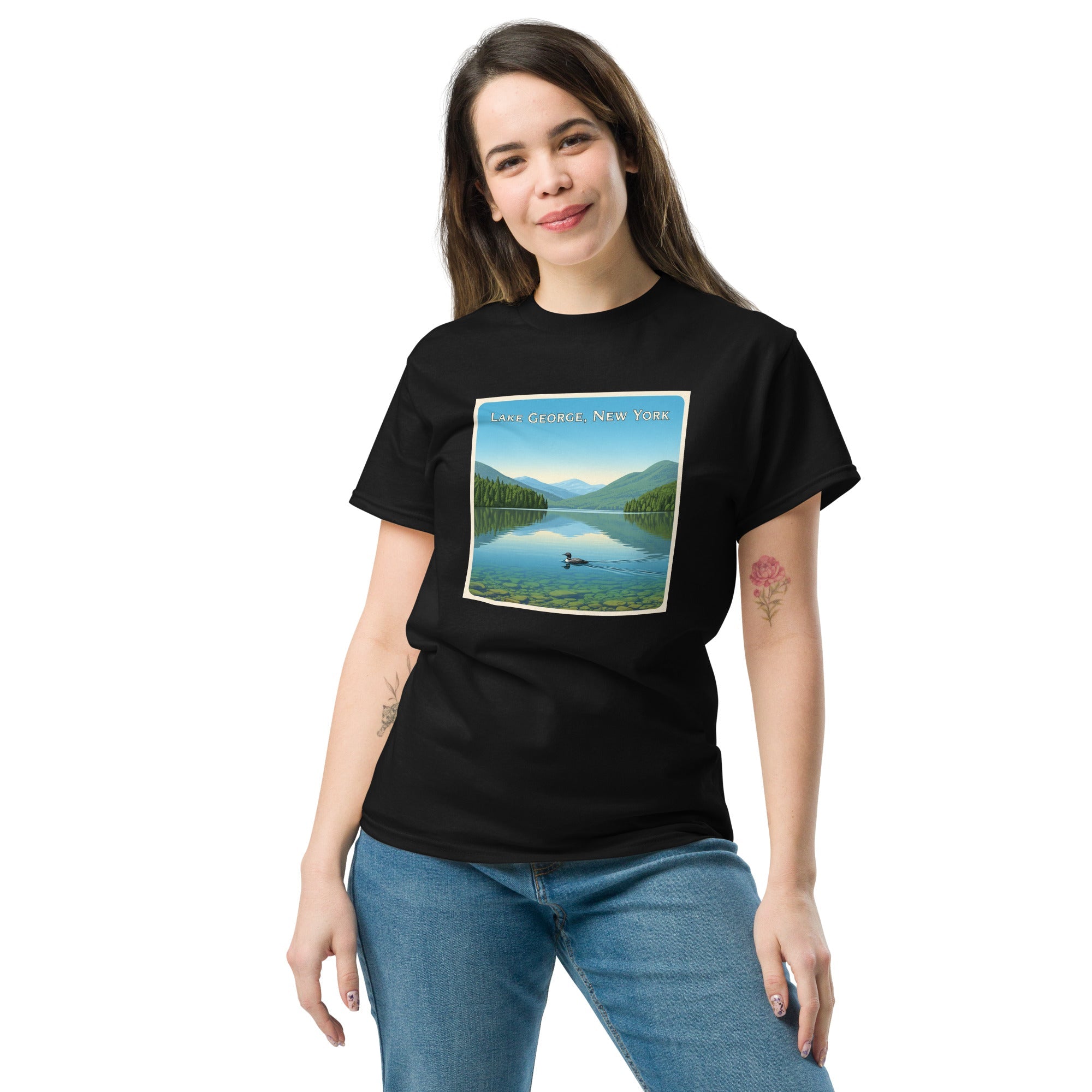 Lake George clothing collection featuring t-shirts, hoodies, jackets and hats with Adirondack designs