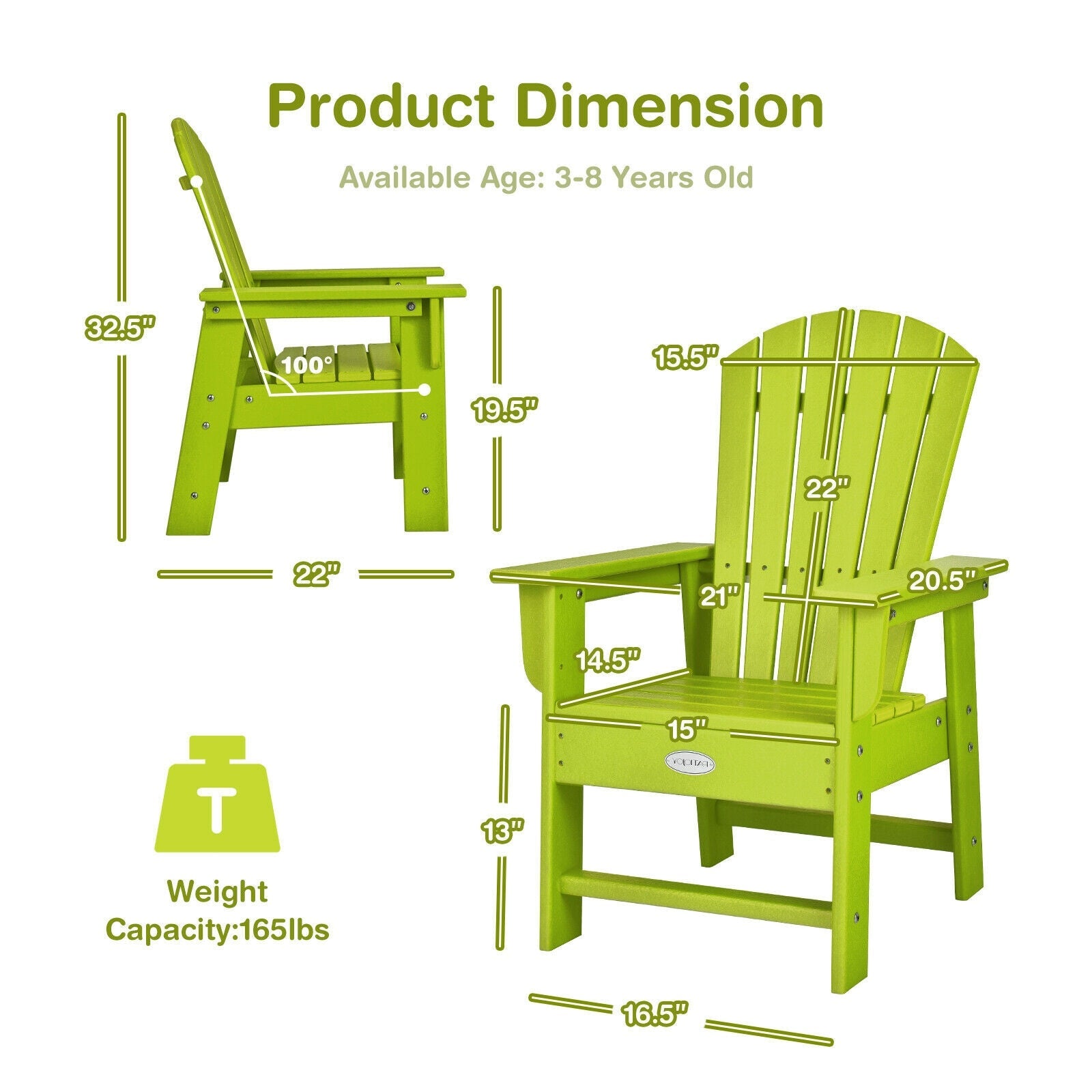 Kids' Adirondack Chair with Ergonomic Backrest — Green