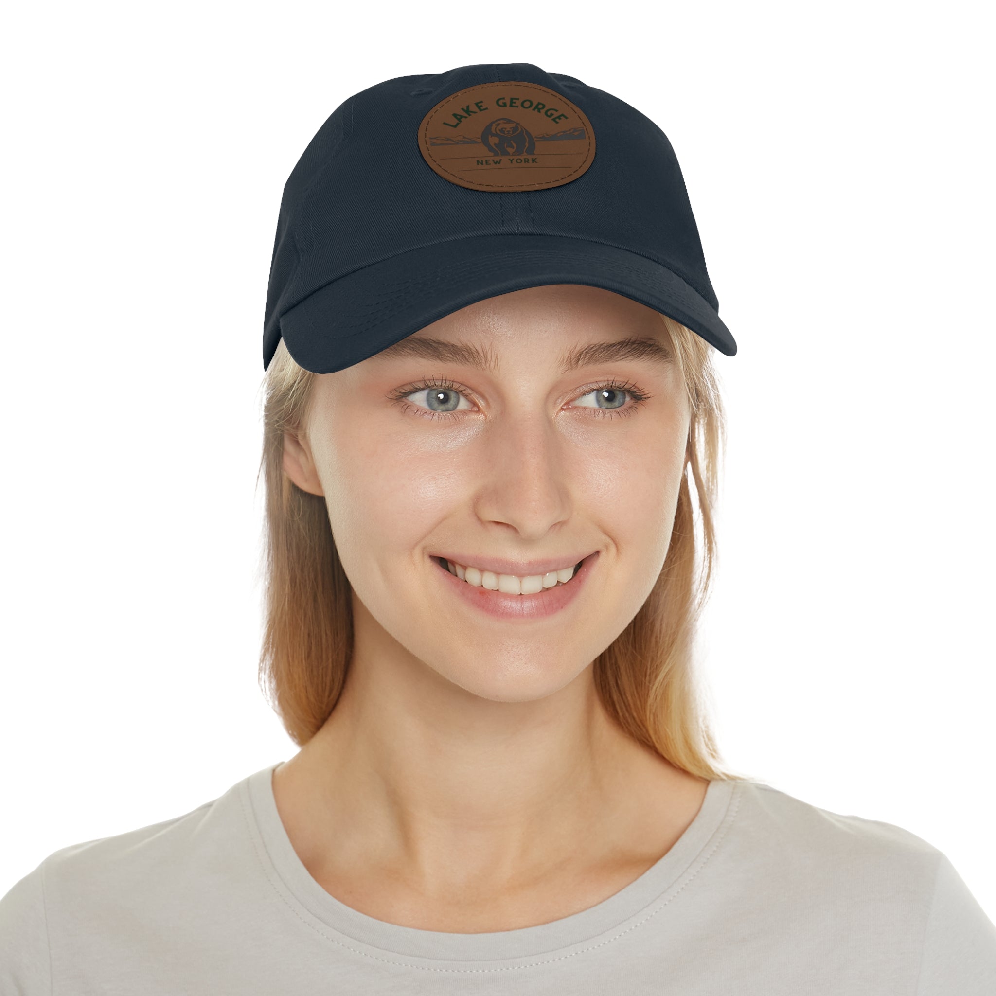 Lake George Round Leather Patch Dad Hat - Bear on Ice Design