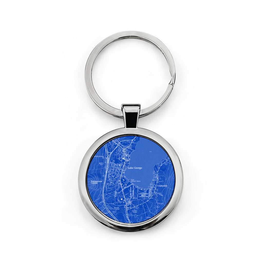 Lake George Keychain with blue map design on a white background
