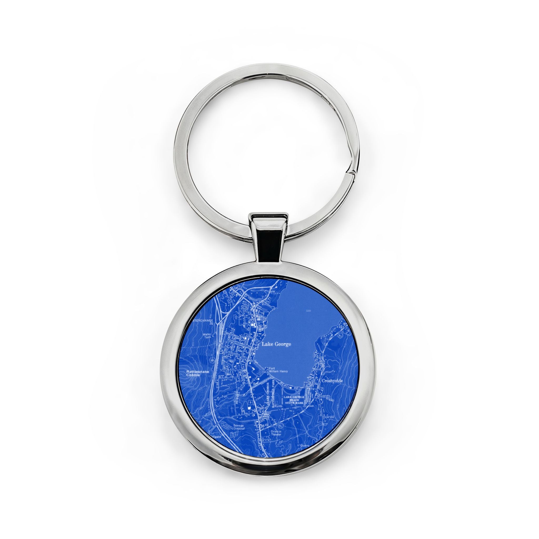 Lake George Keychain with blue map design on a white background