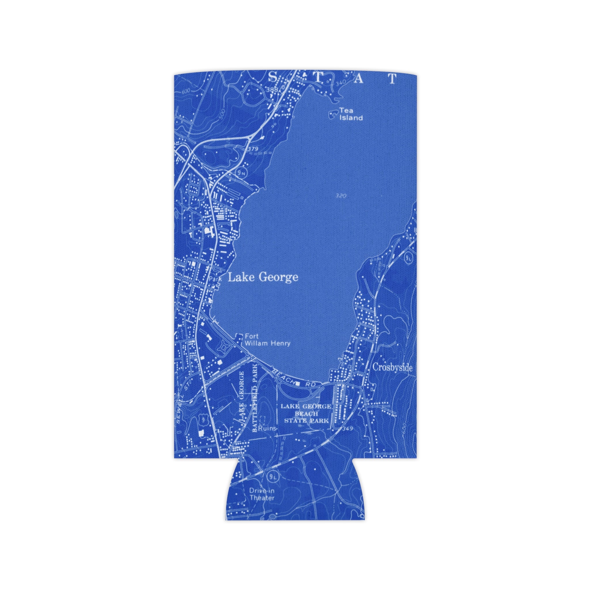 Blue slim can cooler with white map of Lake George village design on a white background