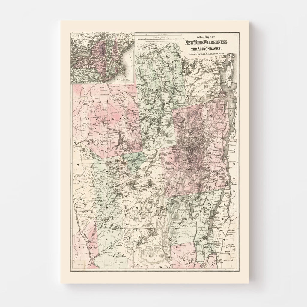 Vintage map of New York Adirondacks on a white background