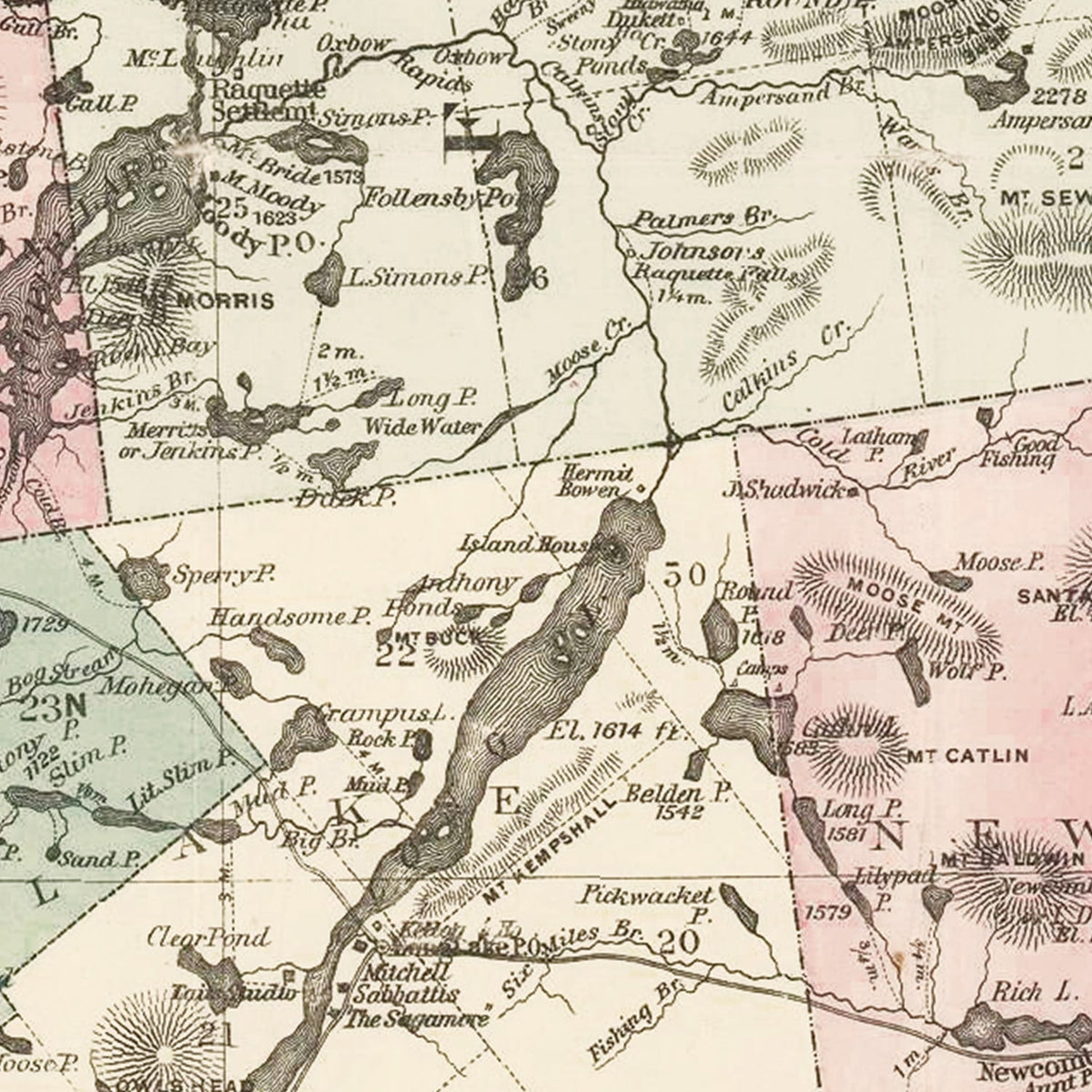 Vintage Adirondack map with labeled geographical features and coordinates