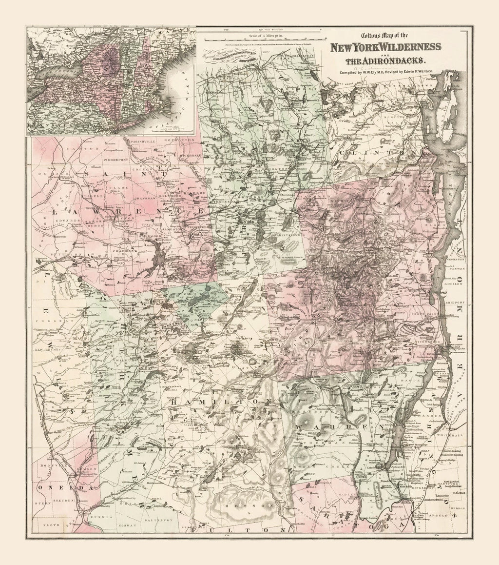 Vintage map of New York Adirondacks Wilderness and Adirondacks with color coding