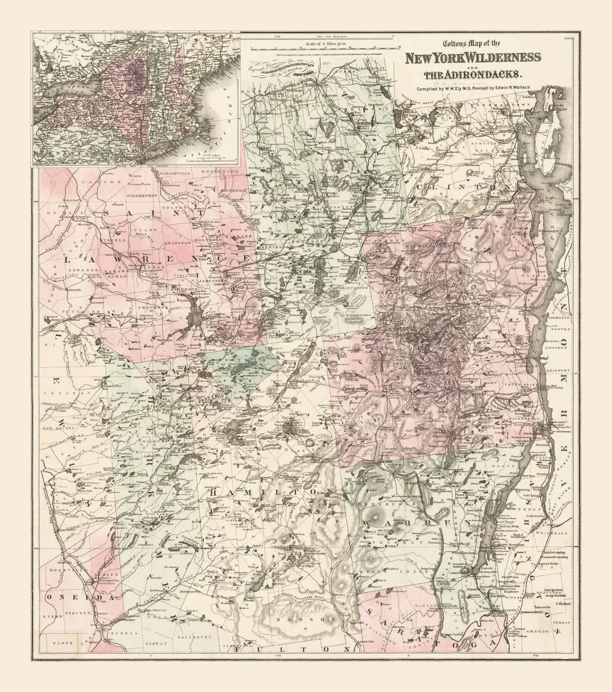 Vintage map of New York Adirondacks Wilderness and Adirondacks with color coding