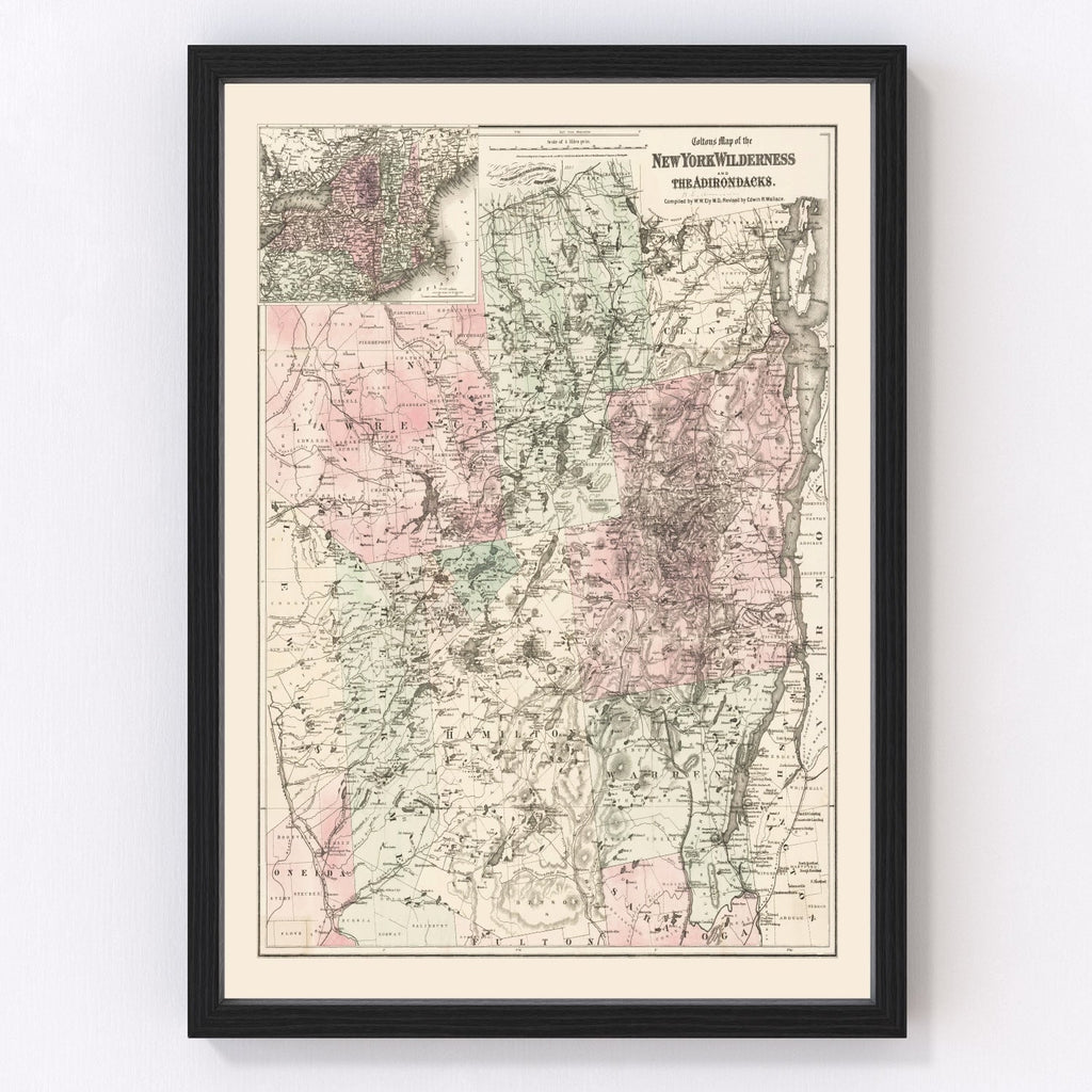 Framed vintage map of New York's Adirondacks wilderness on a white wall