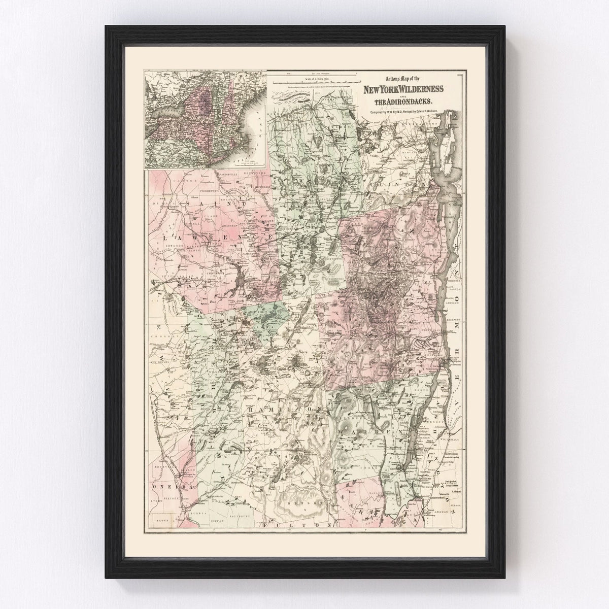 Framed vintage map of New York's Adirondacks wilderness on a white wall