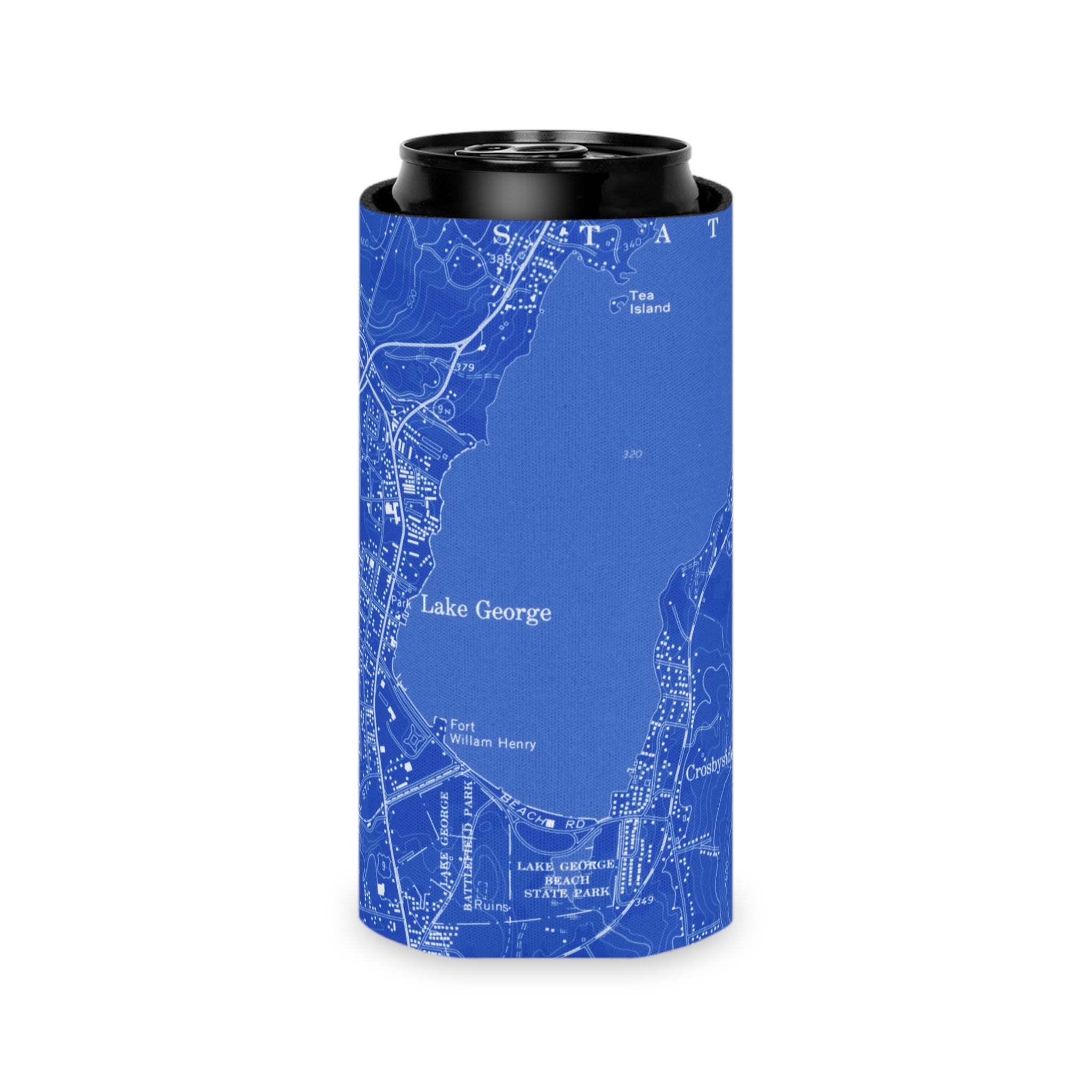 Blue can cooler with white map of Lake George village design on a white background