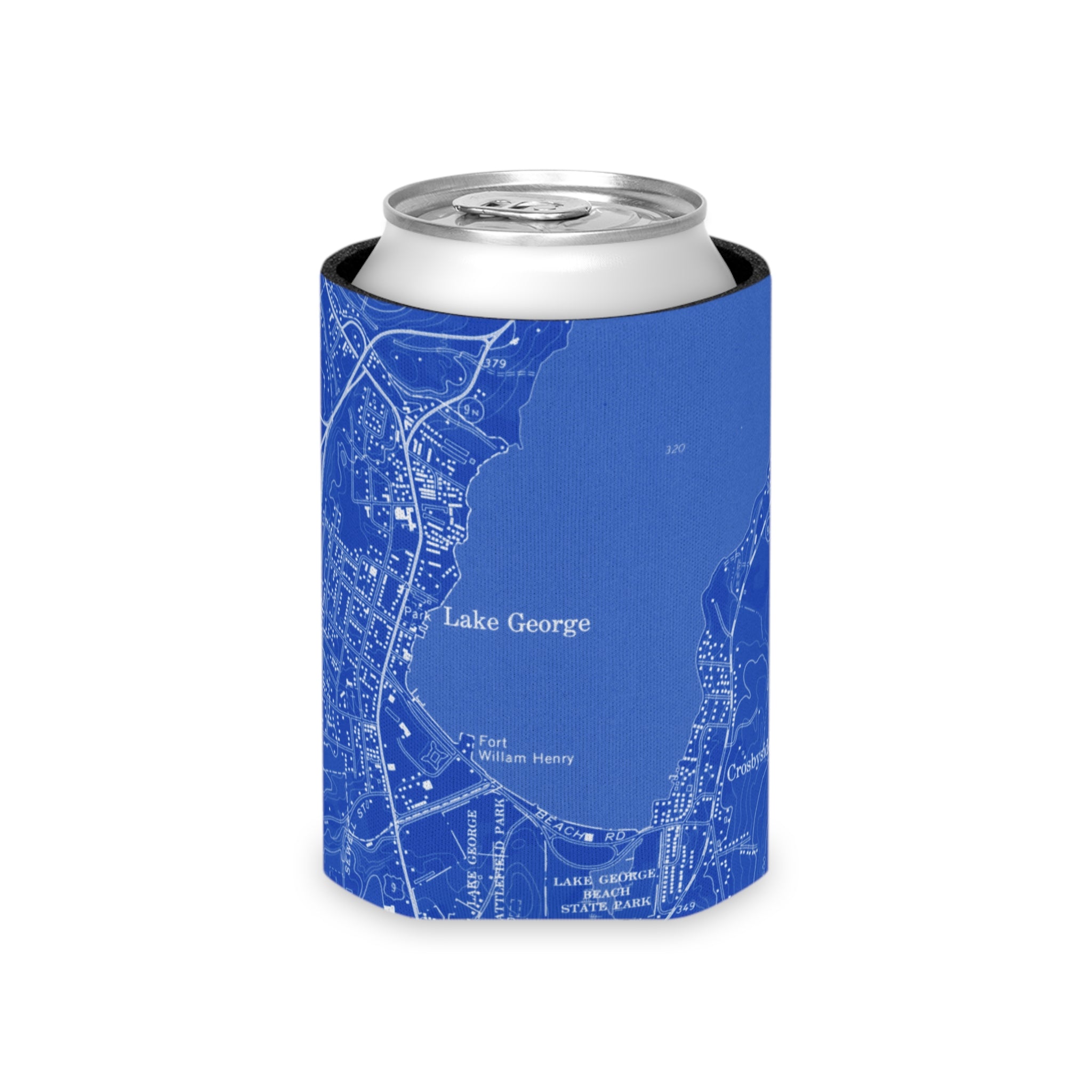 Blue can cooler with white map of Lake George village design on a white background