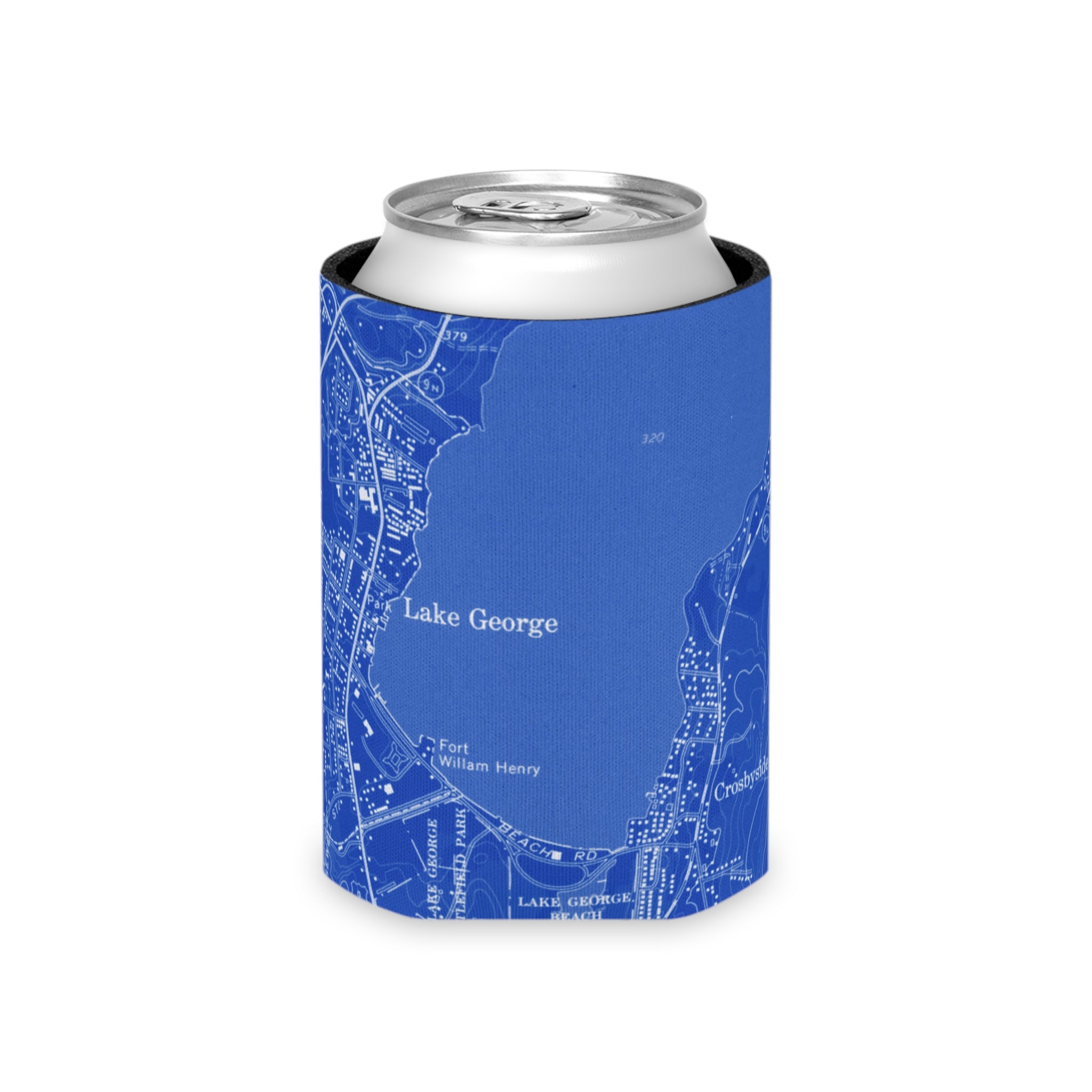 Blue can cooler with white map of Lake George village design on a white background