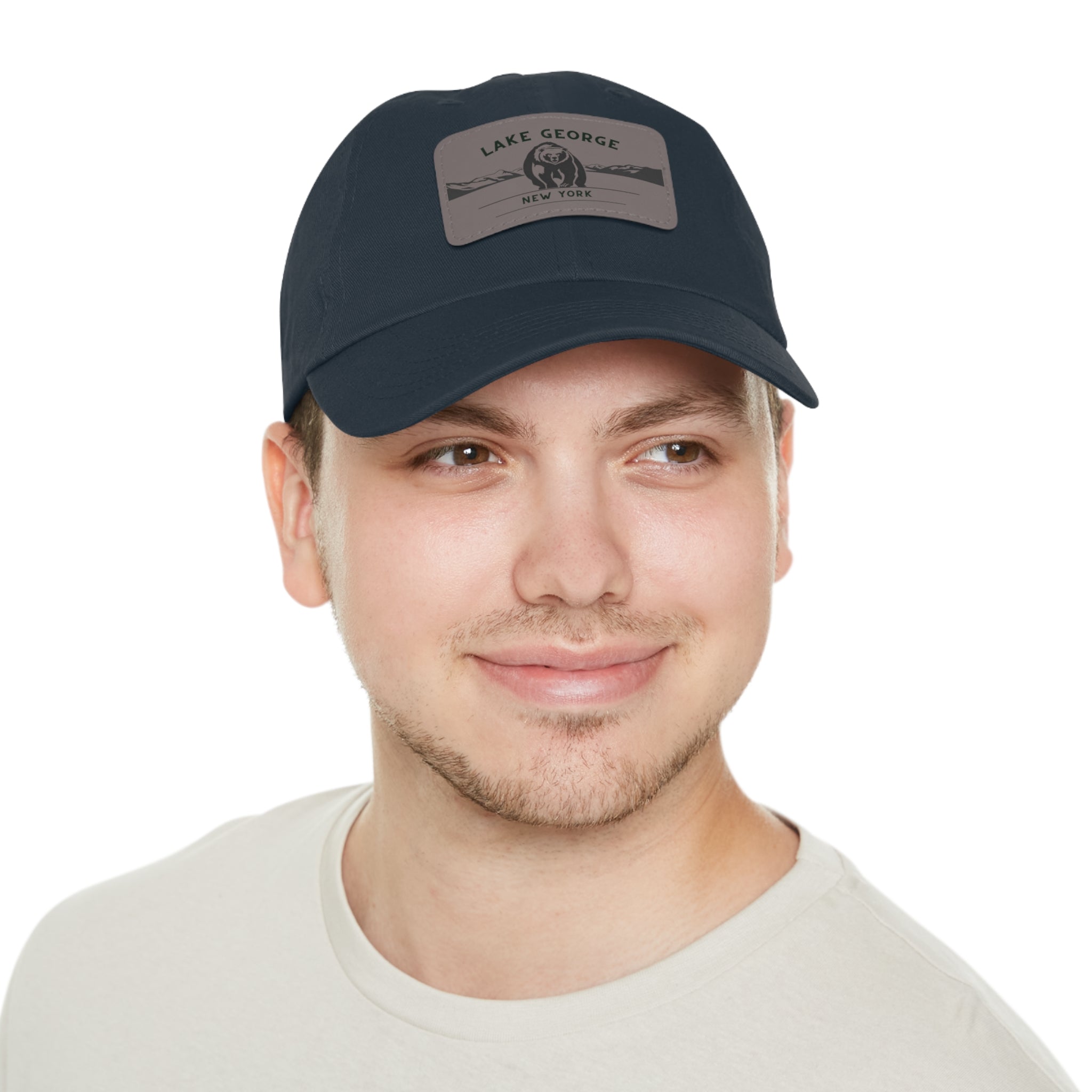 Lake George Dad Hat with Leather Patch - Bear on Ice Design