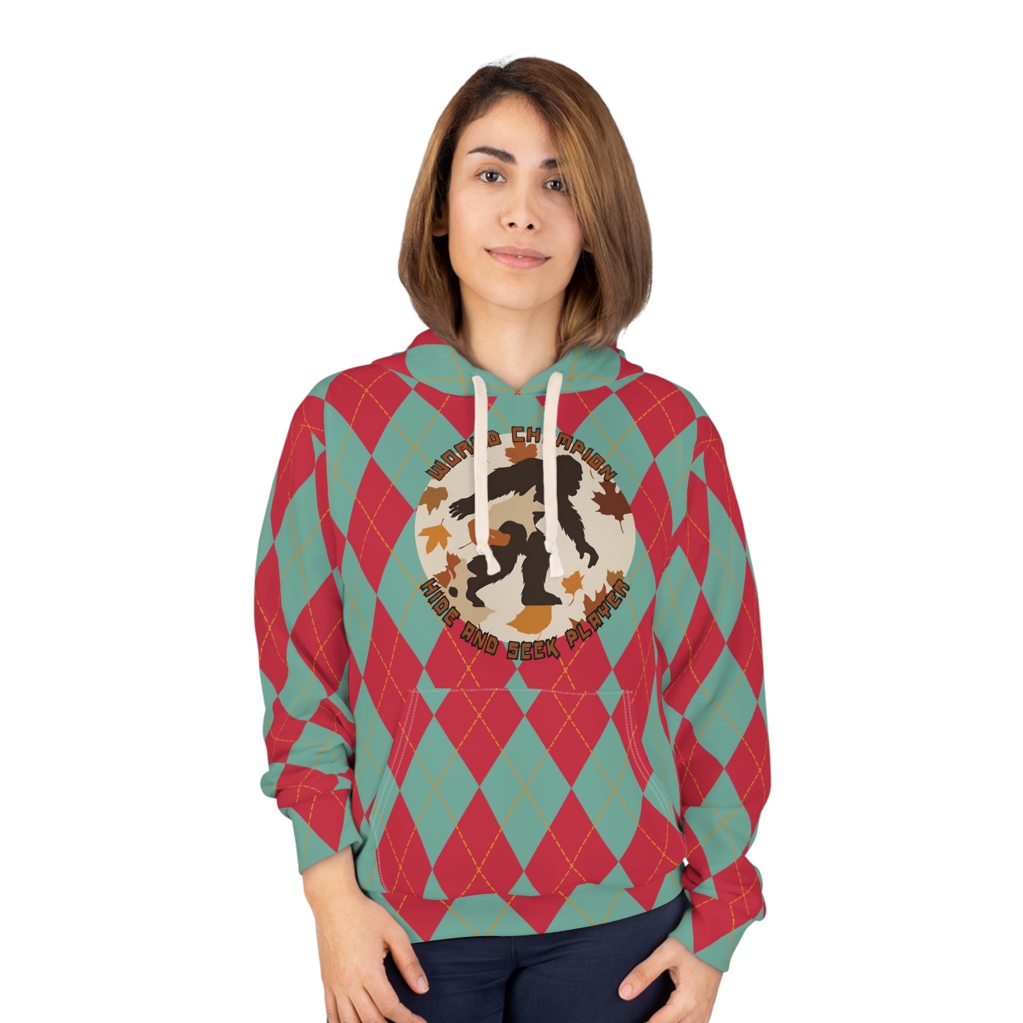 Bigfoot in Fall Leaves Plaid Hoodie — All-Over Print, Unisex, XS–2XL