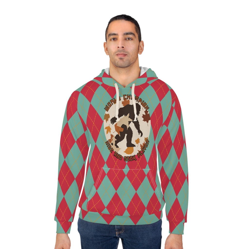 Bigfoot in Fall Leaves Plaid Hoodie — All-Over Print, Unisex, XS–2XL