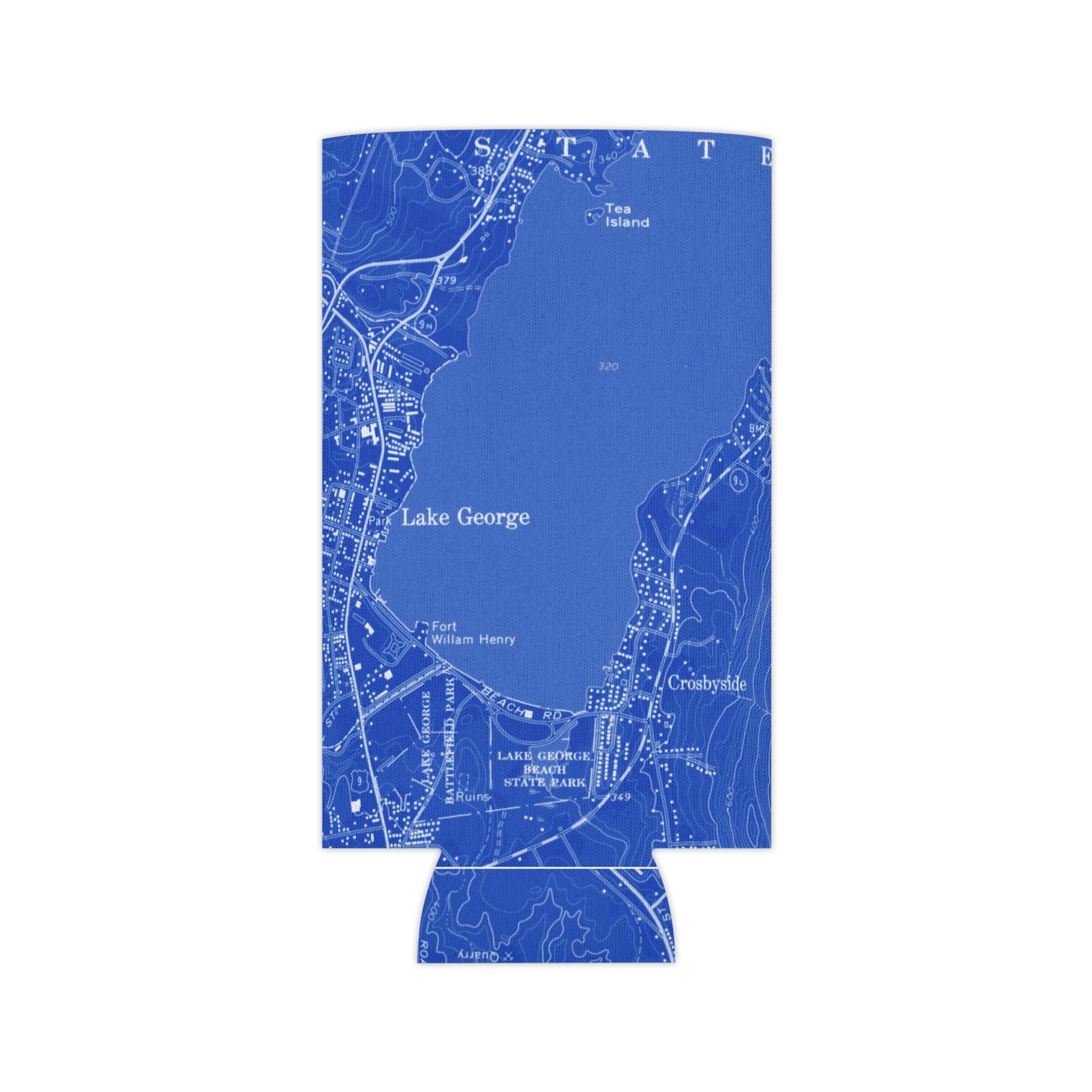 Blue can cooler with Lake George map design on a white background