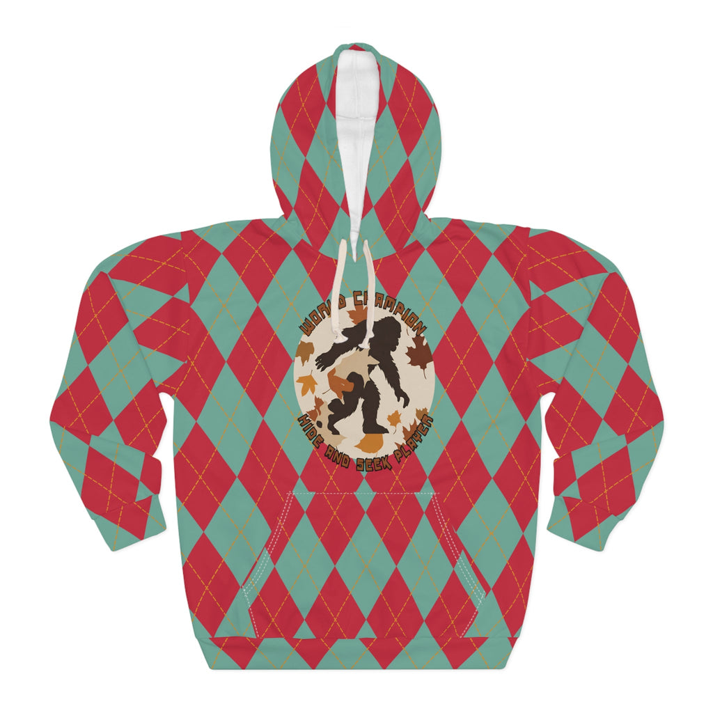 Bigfoot in Fall Leaves Plaid Hoodie — All-Over Print, Unisex, XS–2XL