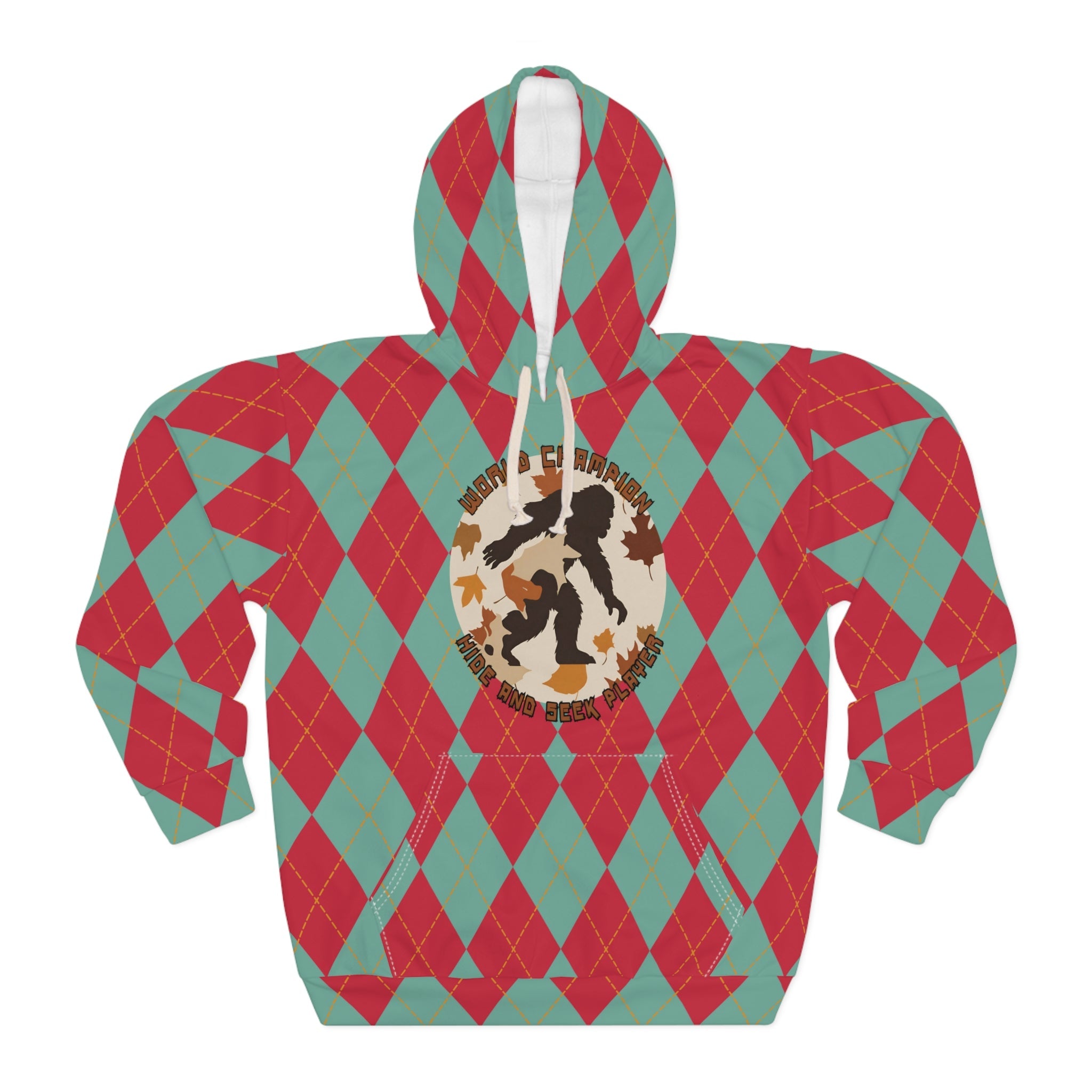 Bigfoot in Fall Leaves Plaid Hoodie — All-Over Print, Unisex, XS–2XL