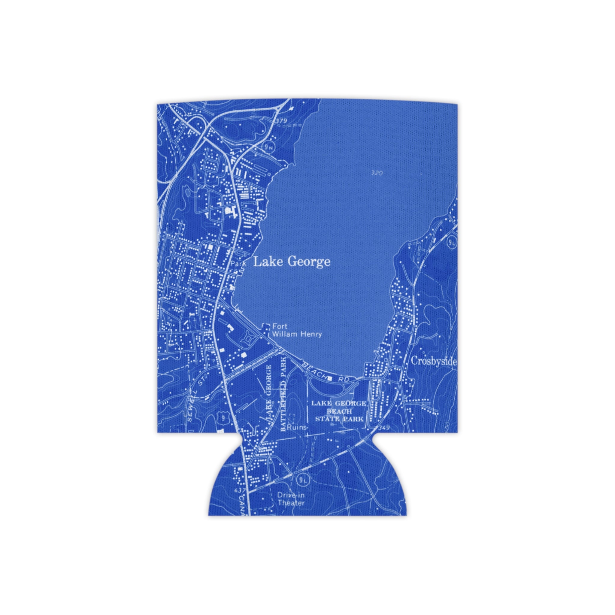 Blue can cooler with white map of Lake George village design on a white background