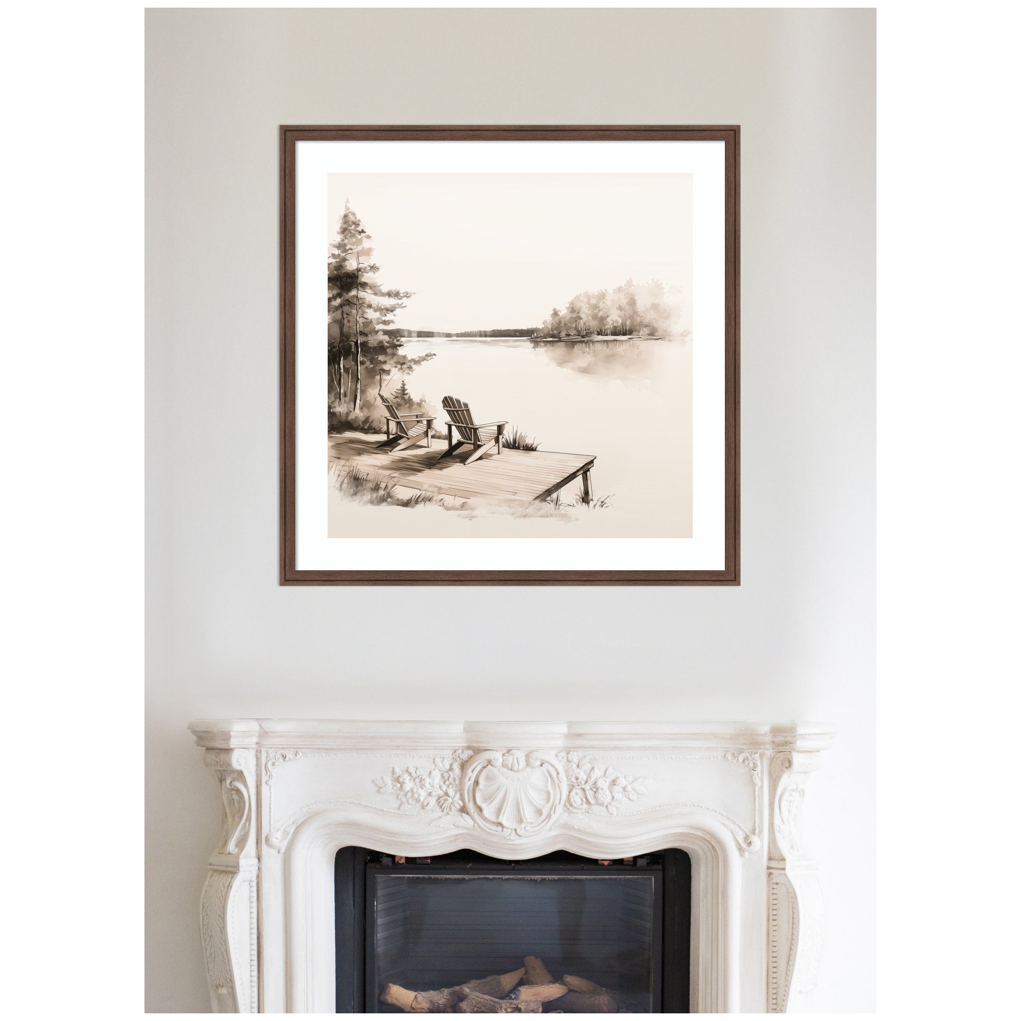 Framed artwork of a lakeside scene above a fireplace.
