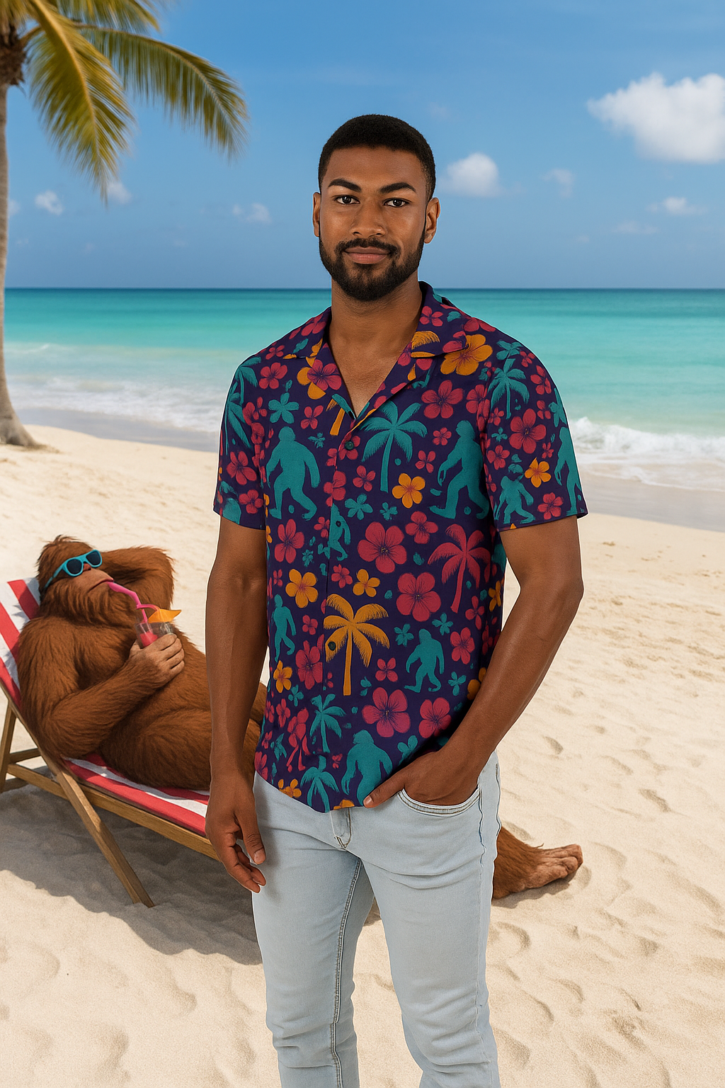 Bigfoot Hawaiian Shirt — Retro Tropical All-Over Print, Sasquatch Beachwear