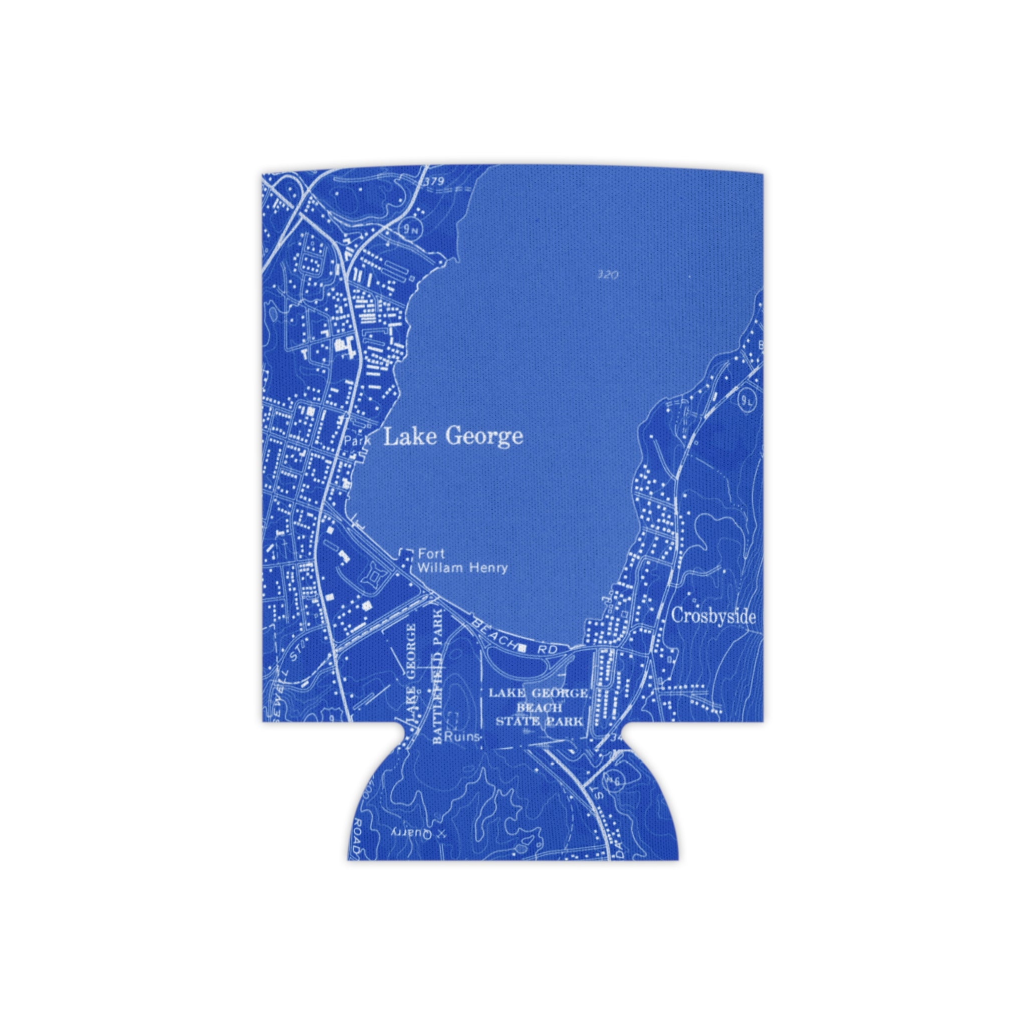Blue can cooler with white map of Lake George village design on a white background