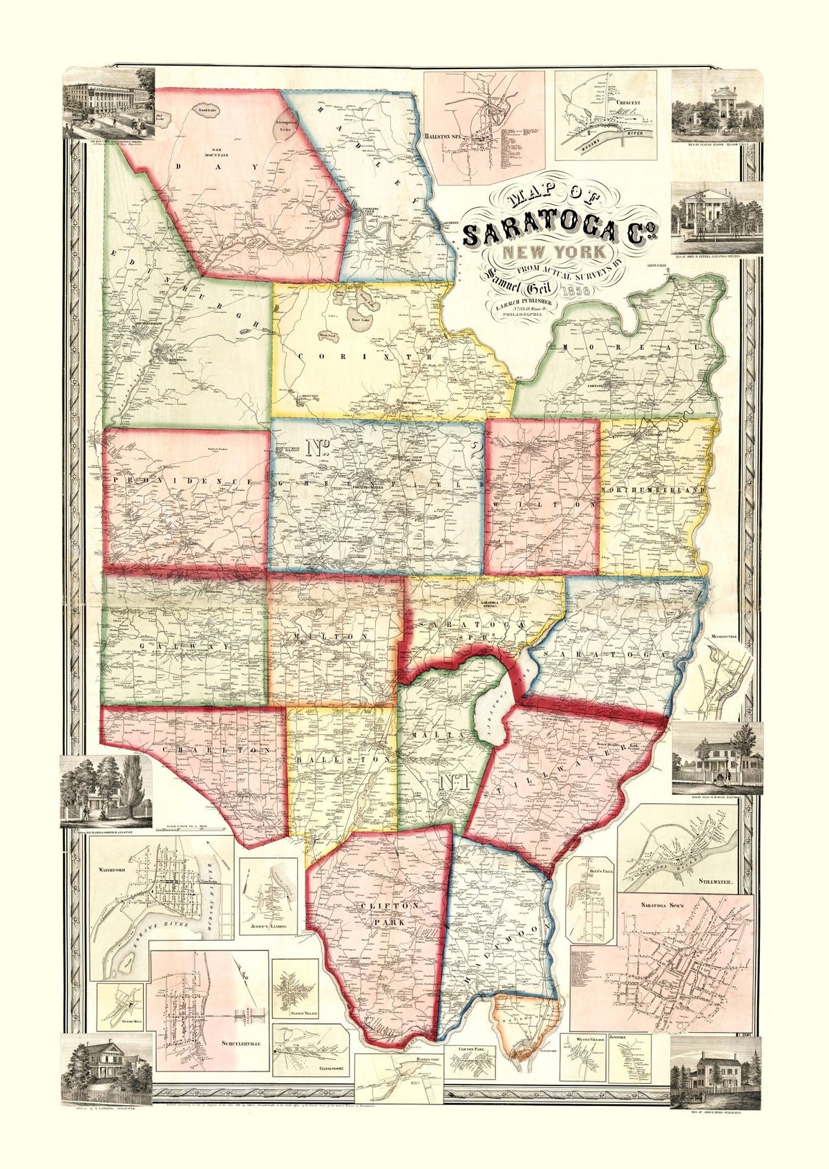 1856 Vintage Map Print Saratoga County, New York