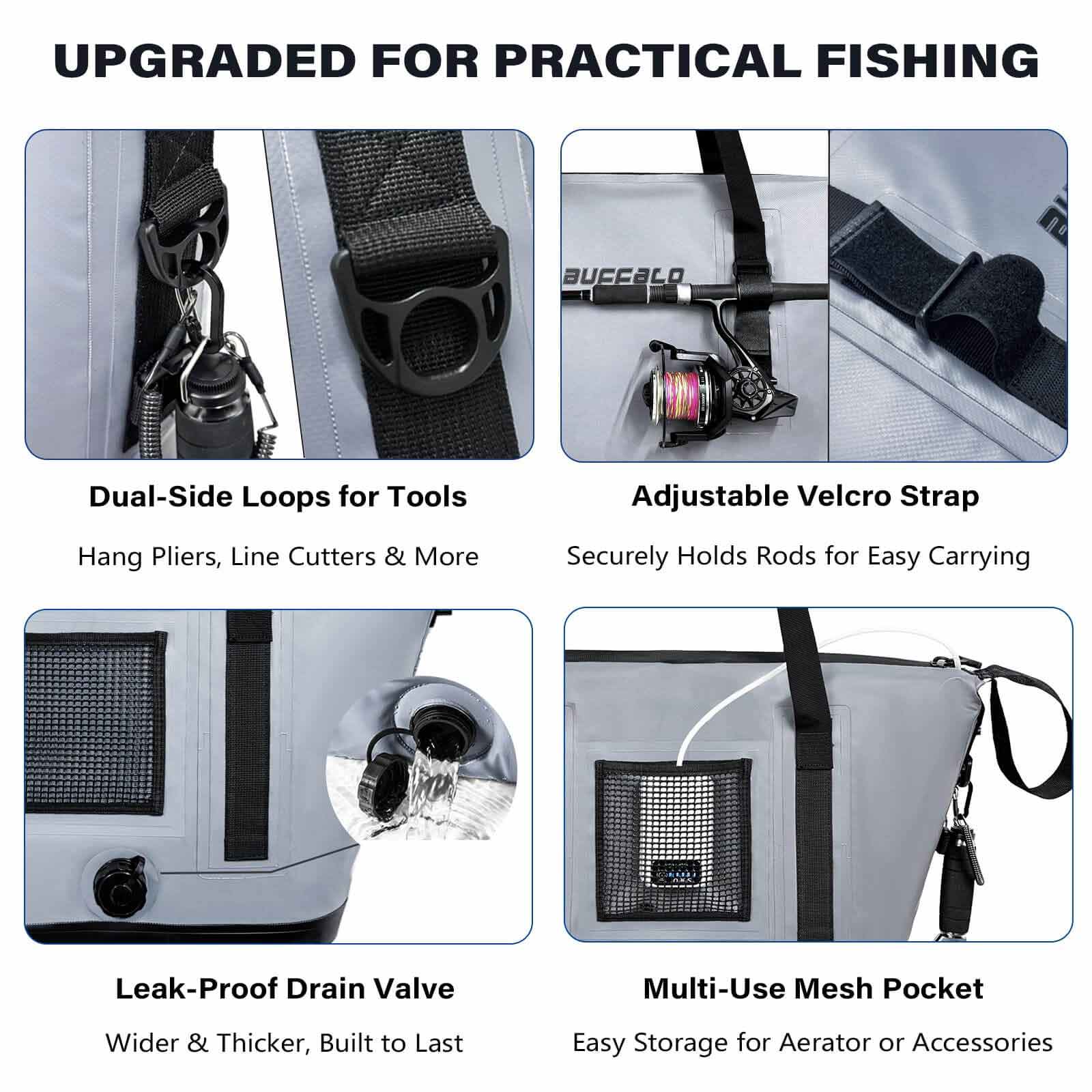 Buffalo Gear 37QT Fish Cooler Bag — 36-Hour Ice, Rod Holder & Live Fish Compartment