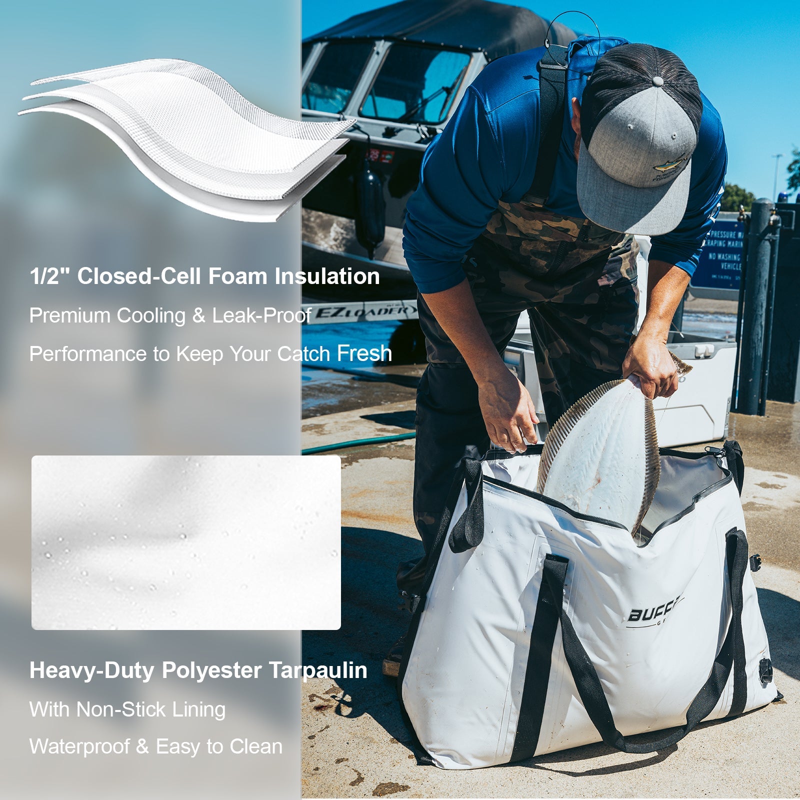 Insulated Fish Cooler Bag with Flat Bottom — 37QT / 35L