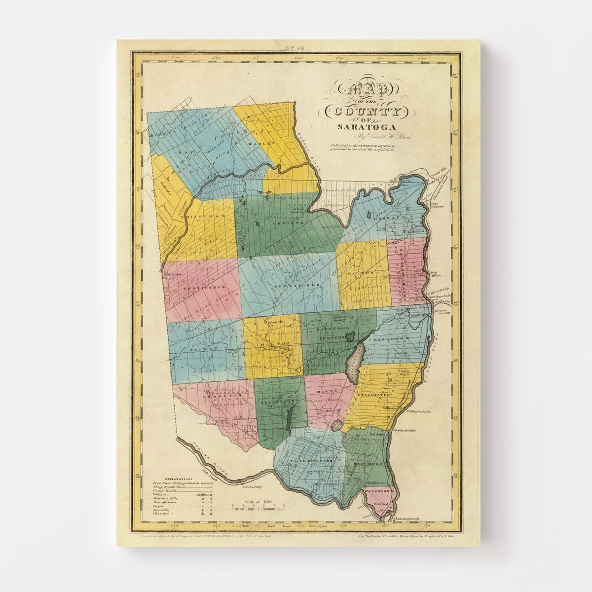 1829 Vintage Map Print Saratoga County, New York