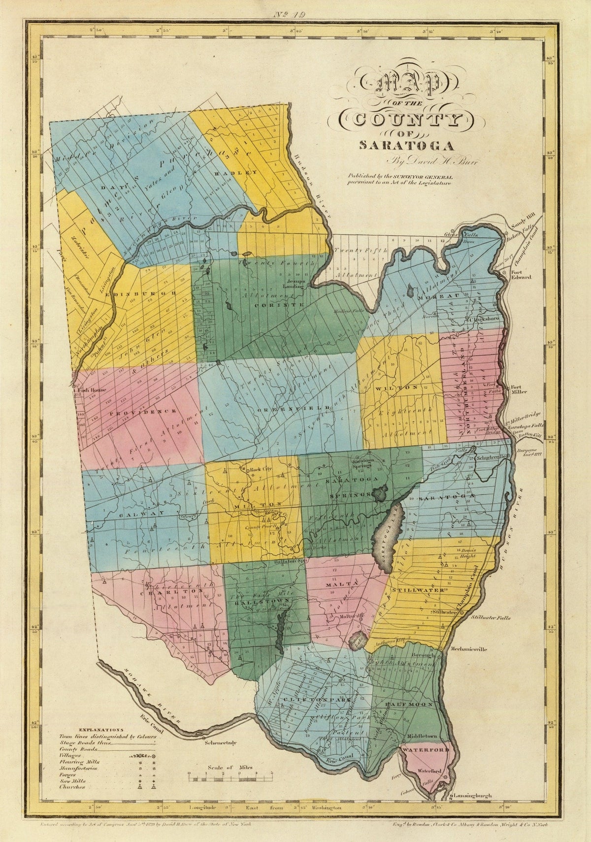 1829 Vintage Map Print Saratoga County, New York