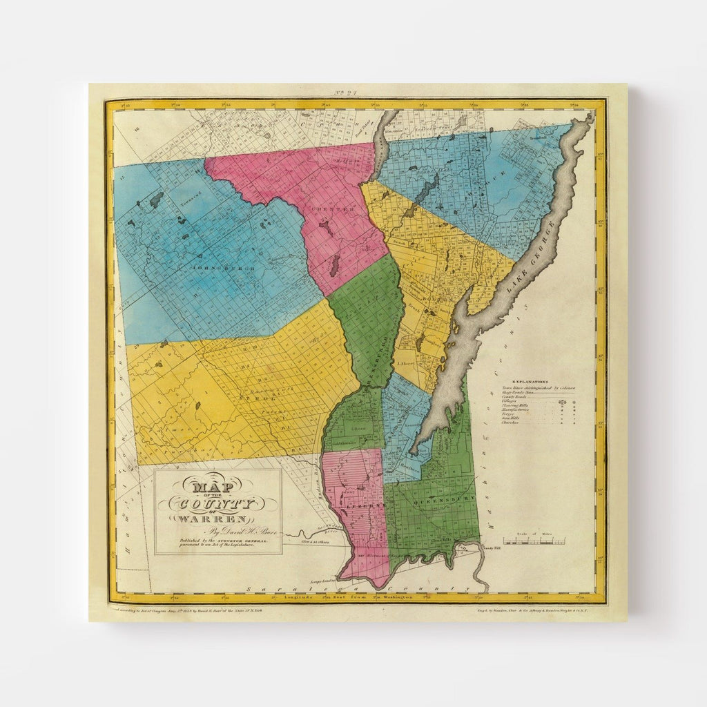 1829 Vintage Map Print Warren County, New York