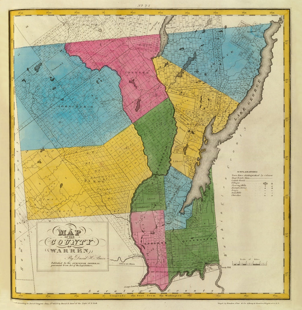 1829 Vintage Map Print Warren County, New York