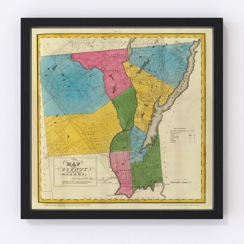 1829 Vintage Map Print Warren County, New York