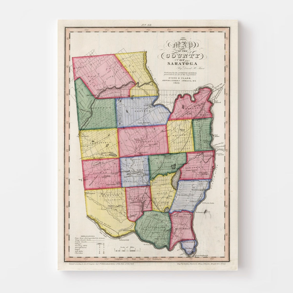 1840 Vintage Map Print Saratoga County, New York