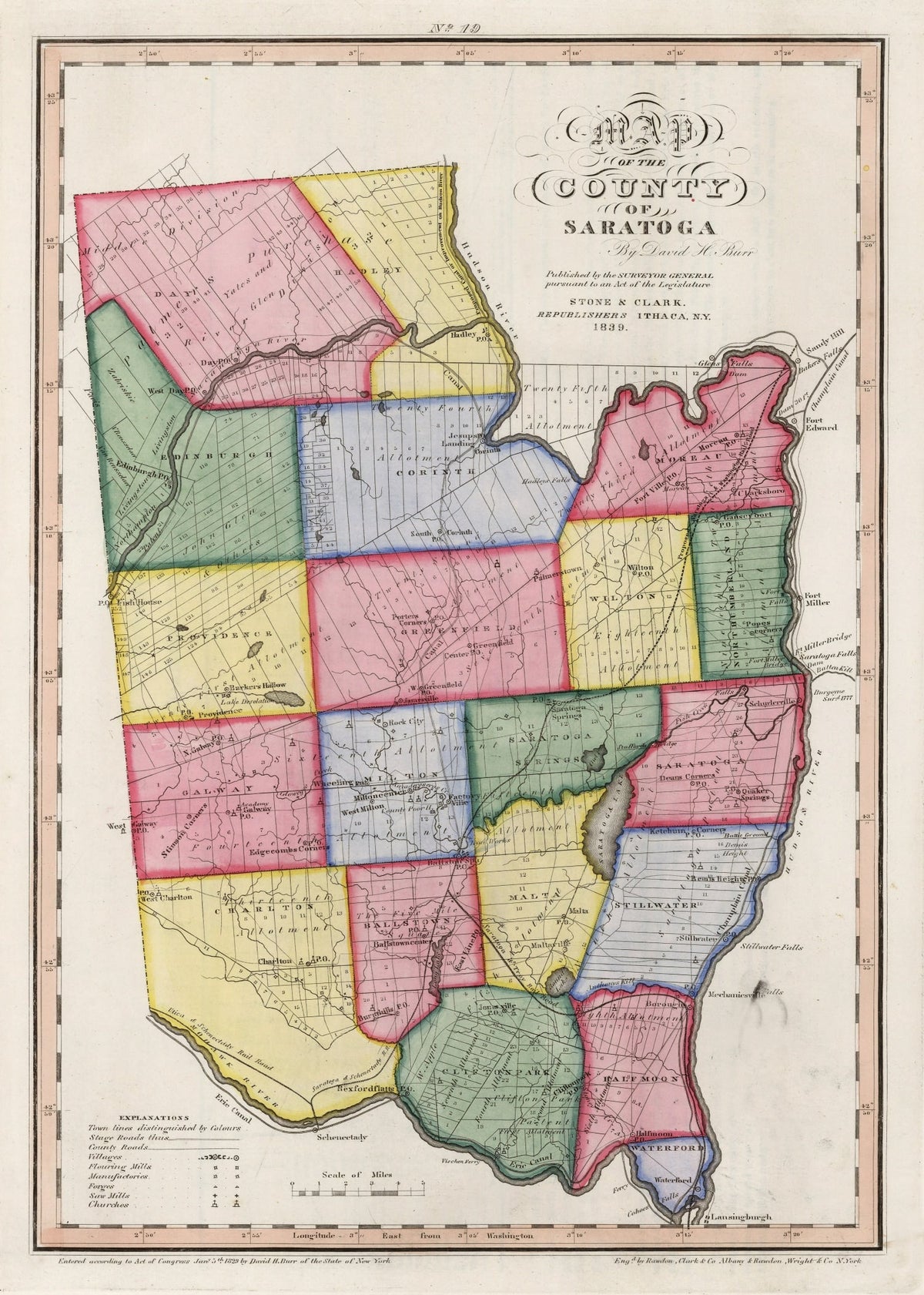 1840 Vintage Map Print Saratoga County, New York