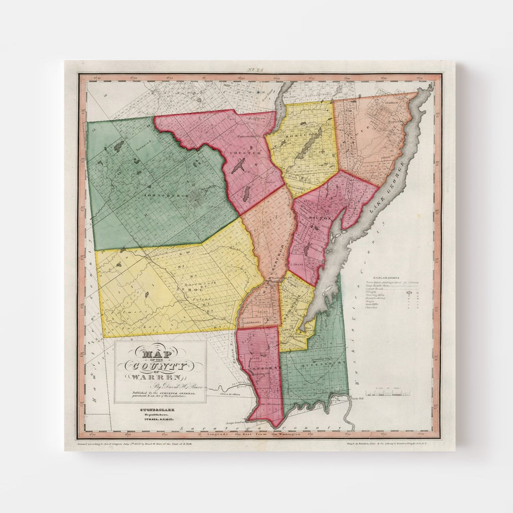 Vintage Map of Warren County, New York — 1840