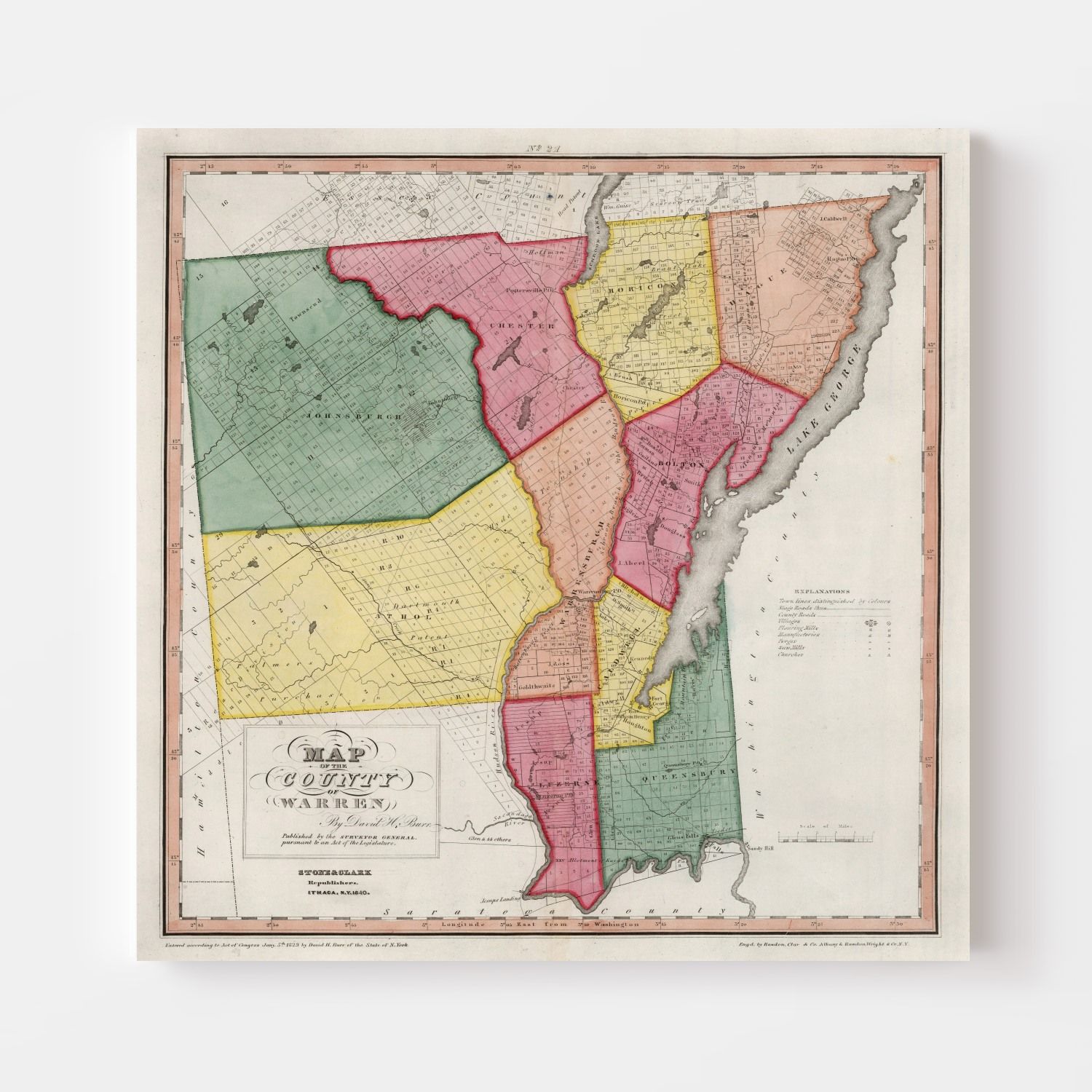 Vintage Map of Warren County, New York — 1840