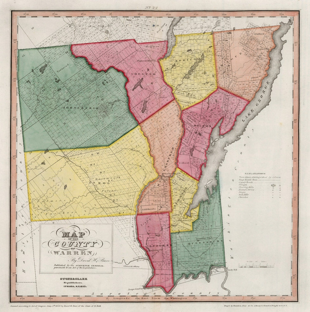Vintage Map of Warren County, New York — 1840