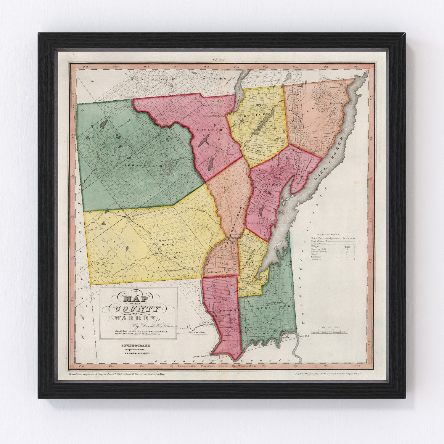 Vintage Map of Warren County, New York — 1840