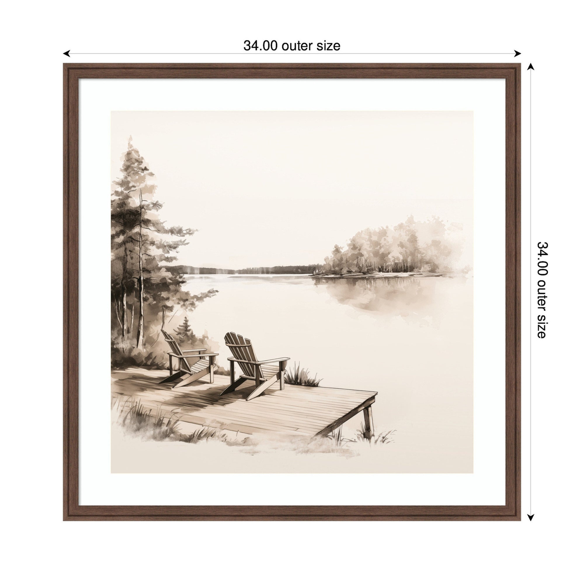 Framed artwork of a lakeside scene with two chairs on a dock, measuring 34x34 inches.
