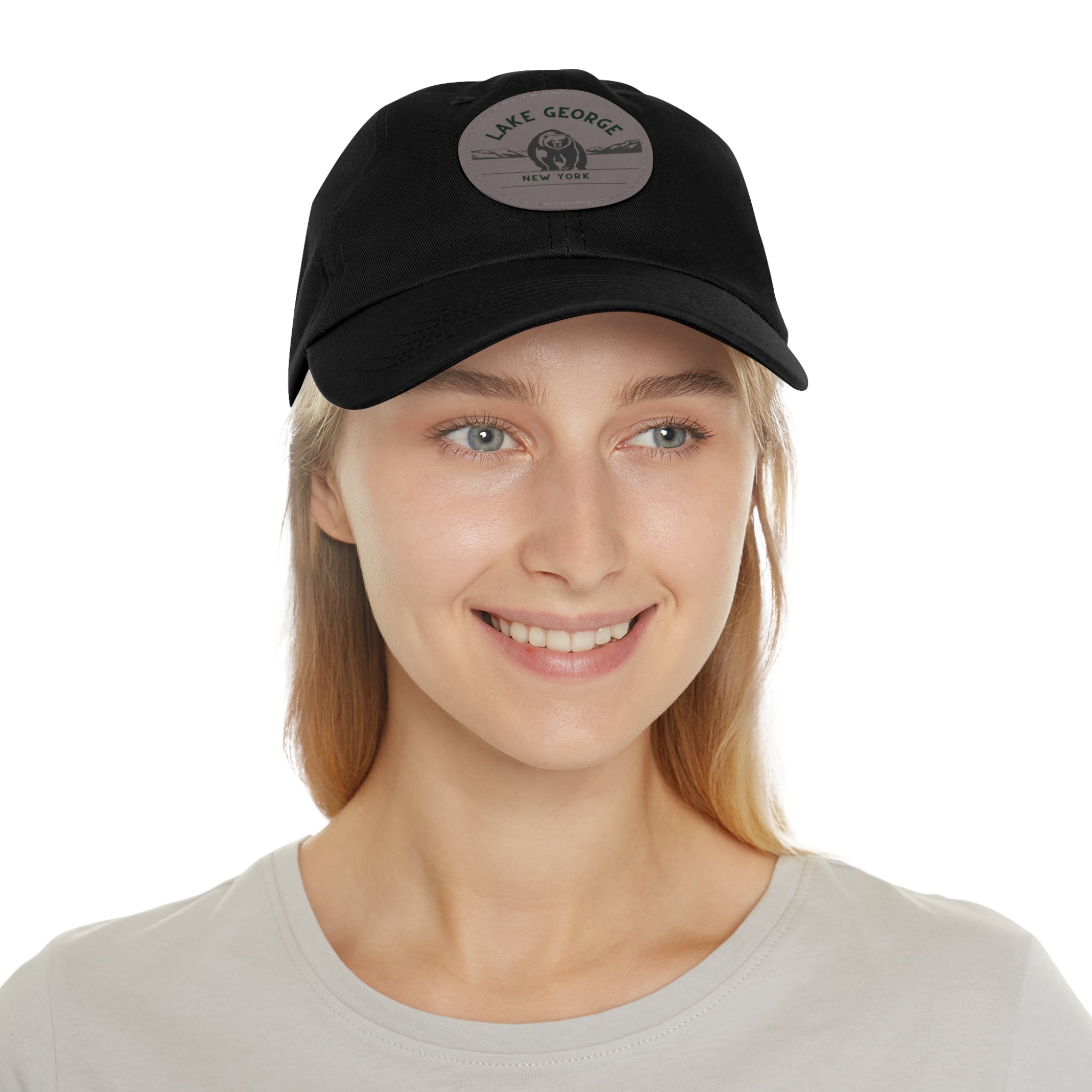 Lake George Round Leather Patch Dad Hat - Bear on Ice Design
