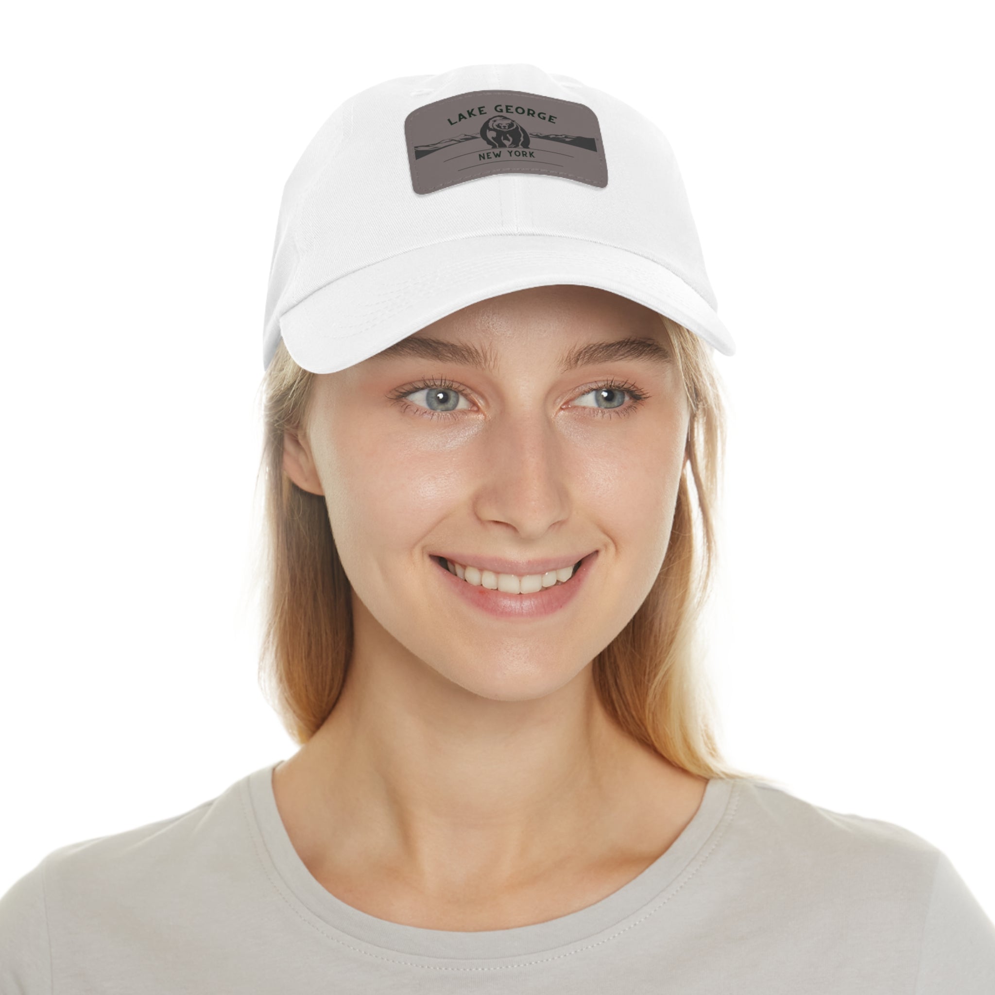 Lake George Dad Hat with Leather Patch - Bear on Ice Design