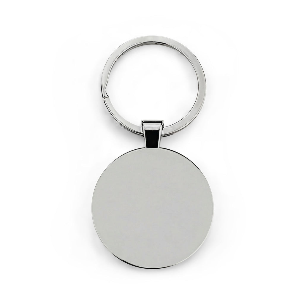 Silver keychain with a round tag on a white background