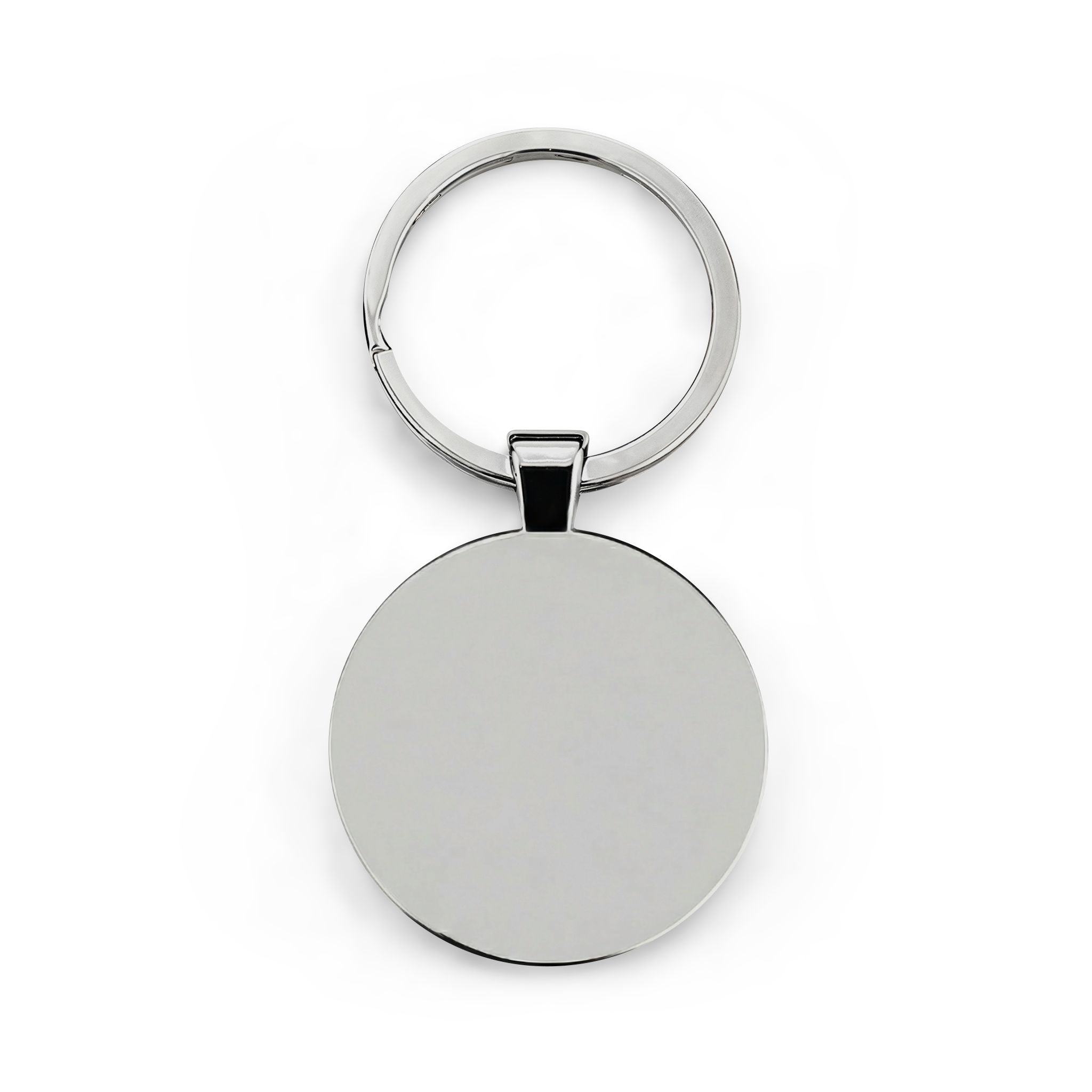Silver keychain with a round tag on a white background