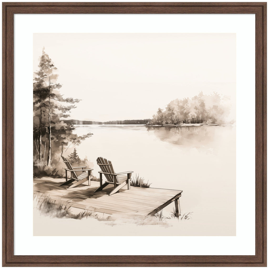 Framed artwork of two Adirondack chairs on a dock by a lake with trees in the background.