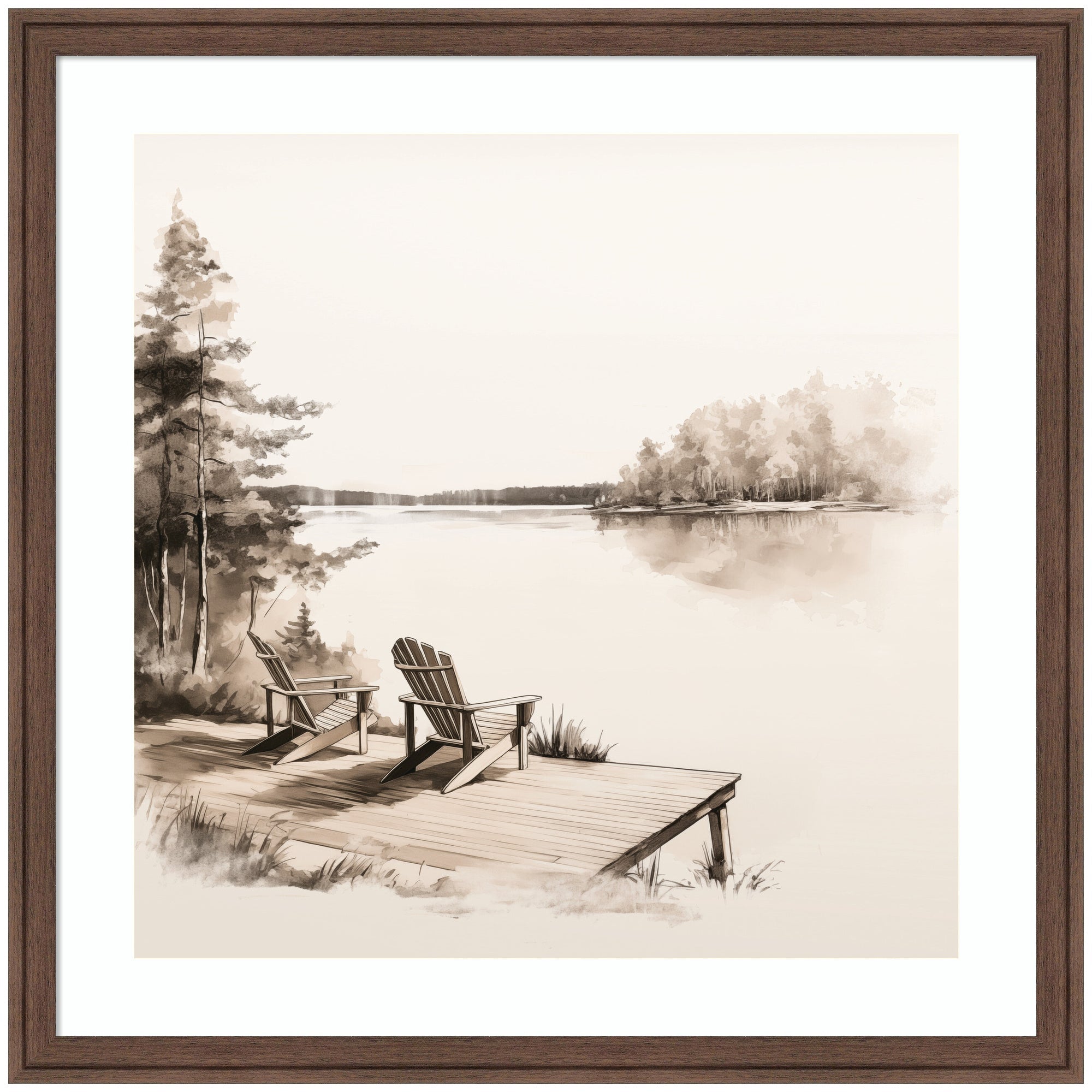 Framed artwork of two Adirondack chairs on a dock by a lake with trees in the background.