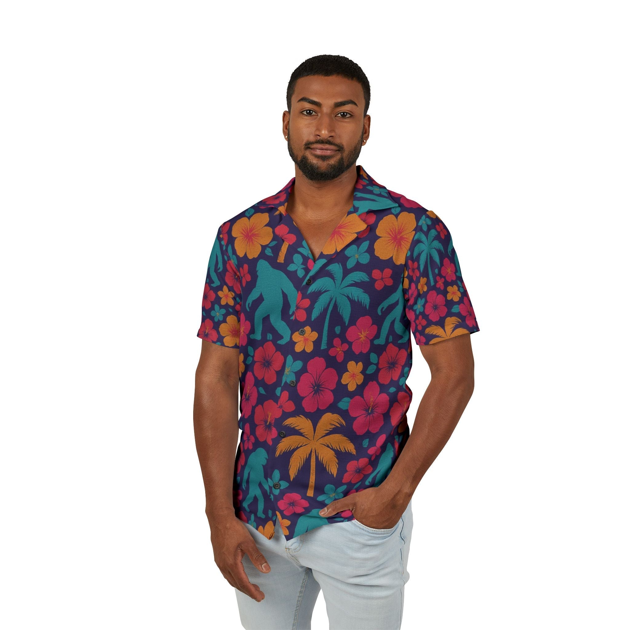 Bigfoot Hawaiian Shirt — Retro Tropical All-Over Print, Sasquatch Beachwear