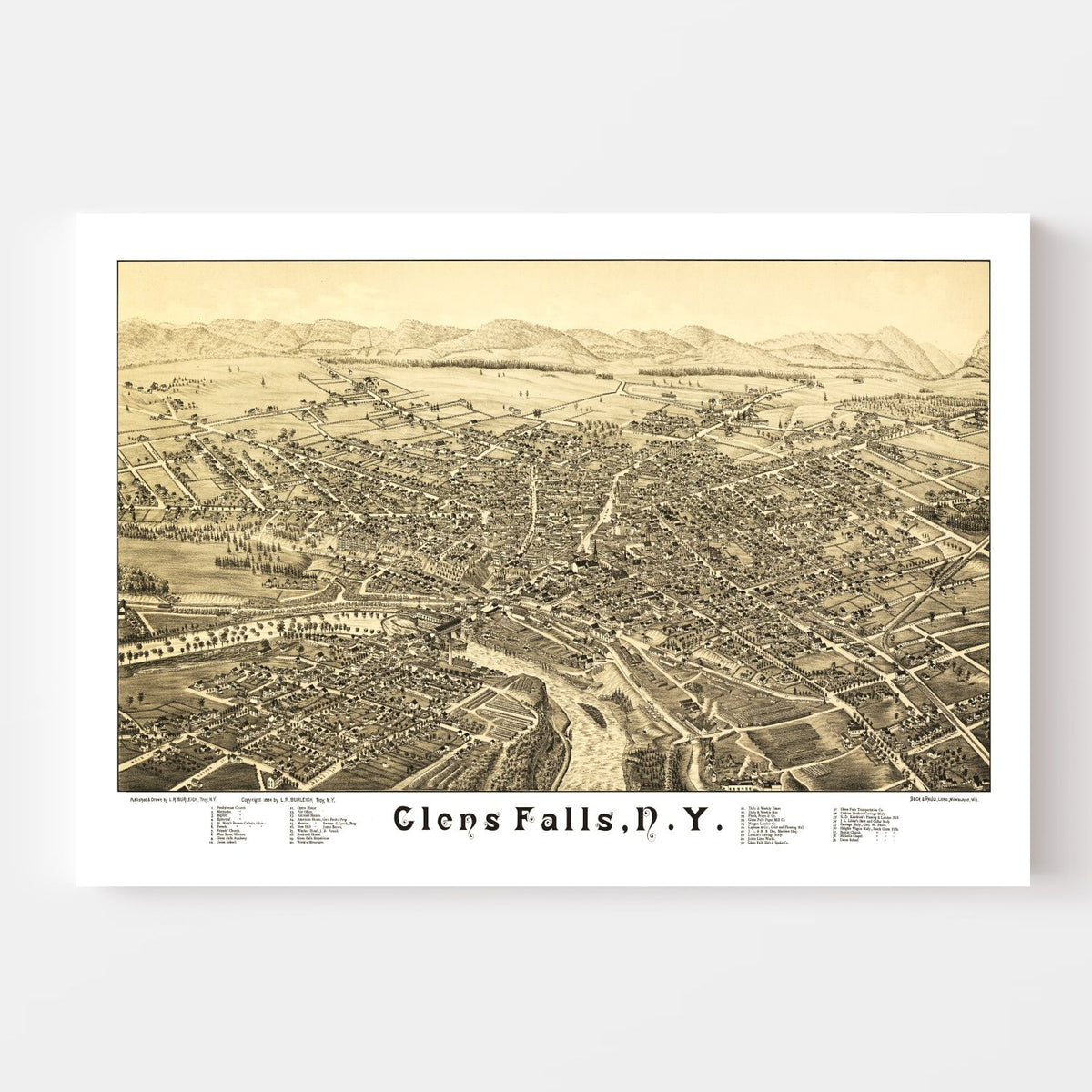 1884 Vintage Glens Falls, New York Map Print